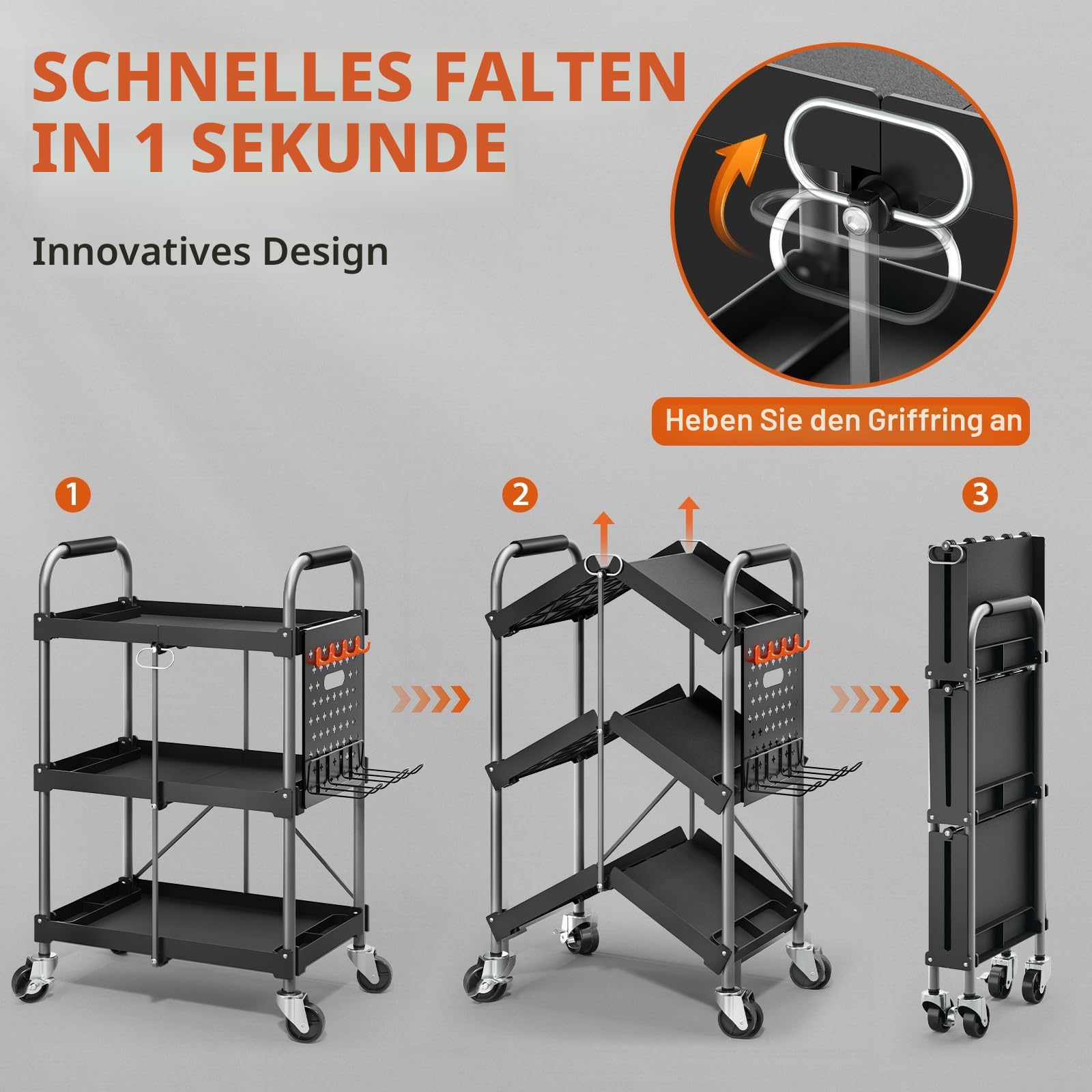 KINGRACK 3-Ebenen servierwagen klappbar mit Rollen ergonomischem Griff, klappbar Allzweck-Dienstwagen mit Organizer-Regal, praktisch für Haushalt, Büro, Garage, Lager Reparaturwerkstatt, schwarz.