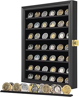 Jinchuan Military Challenge Coin Display Case Lockable Cabinet Rack Holder Shadow Box with Removable 2 Grooves Shelves and Anti Dust Door for Casino Poker Chips Collectibles, Large - Black 1 Pack