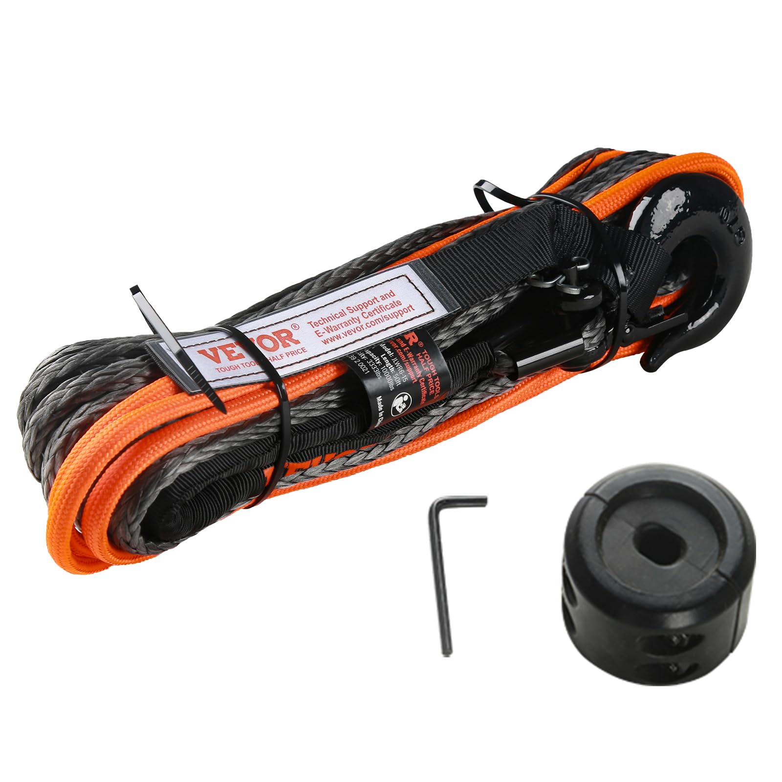 VEVOR Corde de Treuil 4,8 mm x 15,2 m Câble Synthétique Résistance Rupture 37,1 kN avec Manchon de Protection, Butée, Crochet de Treuil Forgé, Sangle de Traction pour VTT, UTV, Remorquage de Véhicule