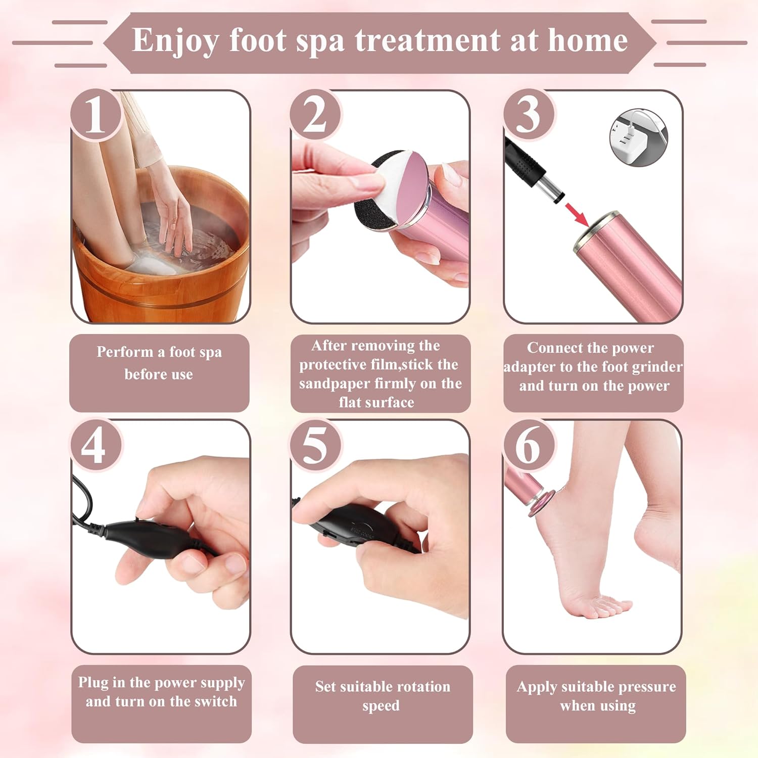 Electric Callus Remover for Feet, USB Power Supply Powerful Electric Foot File Sander Scrubber with Speed Controller & 60Pcs Replacement Sandpaper Disk for Dead Skin, Cuticles Pink