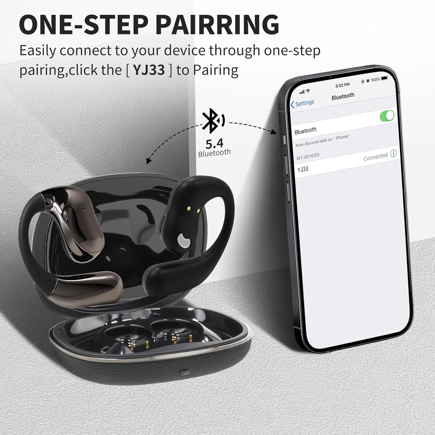 Open Ear Earphones with Touchscreen, Bone Conduction Wireless Earbuds Bluetooth 5.4, 68H Playtime with Charging Case, Over Headphones with Silicone Ear Hooks, for Outdoors Fitness Sport (Black)