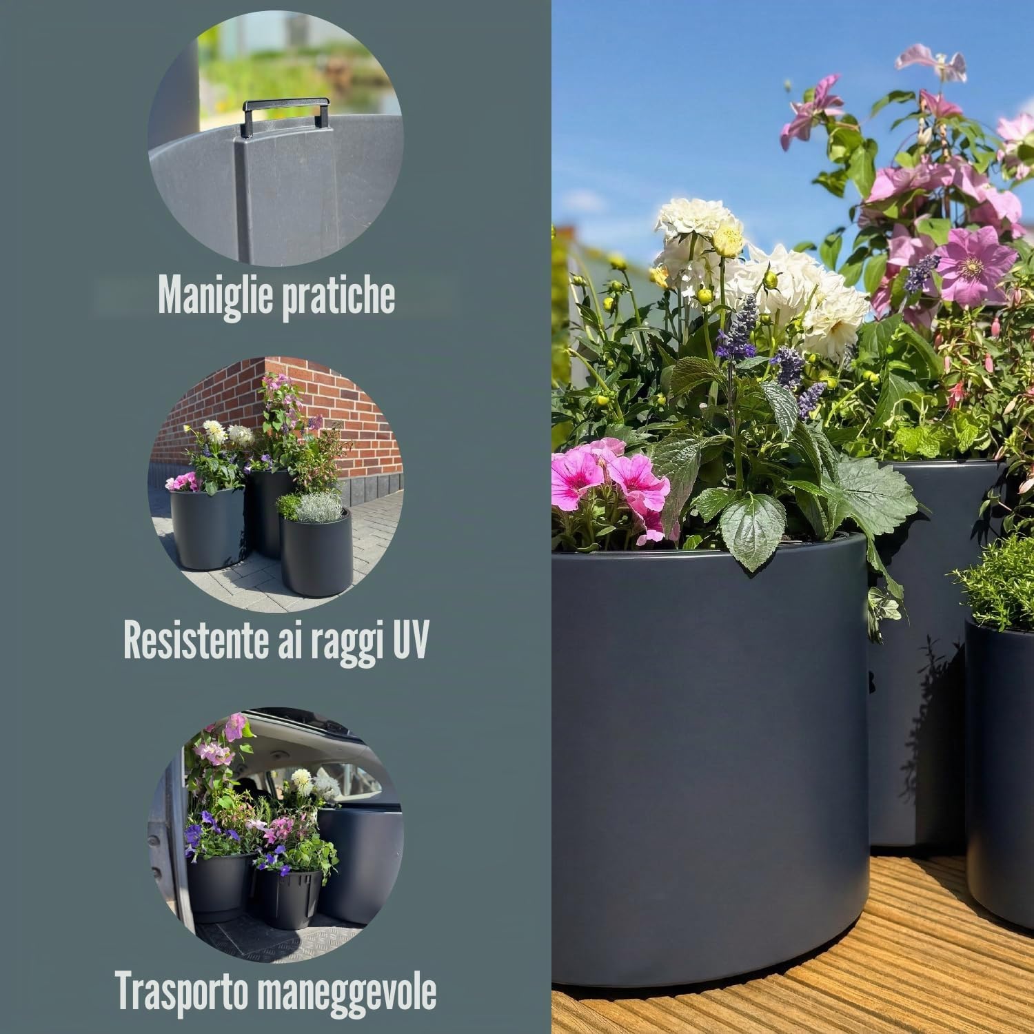 Prosperplast Vaso da fiori con inserto HEOS, in plastica robusta, per interni ed esterni, resistente ai raggi UV e al gelo, antracite, 46,8 x 45 cm