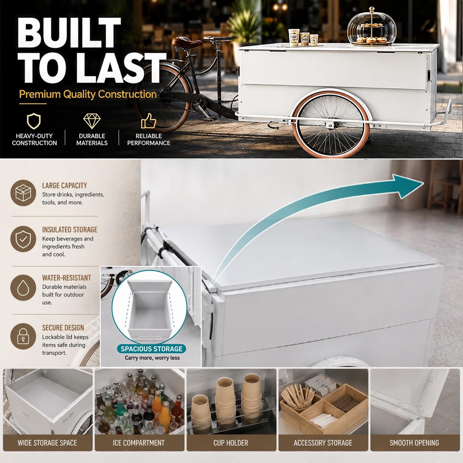 Carrello alimentare commerciale con ombrello, perfetto per caffè, gelati, street food ed eventi pop-up, portatile giallo