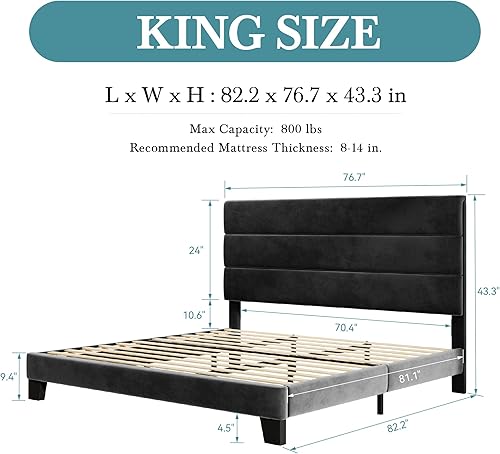 Miniatura 50 de HOOMIC Base de cama de tamaño matrimonial con cabecero, plataforma tapizada de tela con soporte de listones de madera fuerte, base de colchón, no