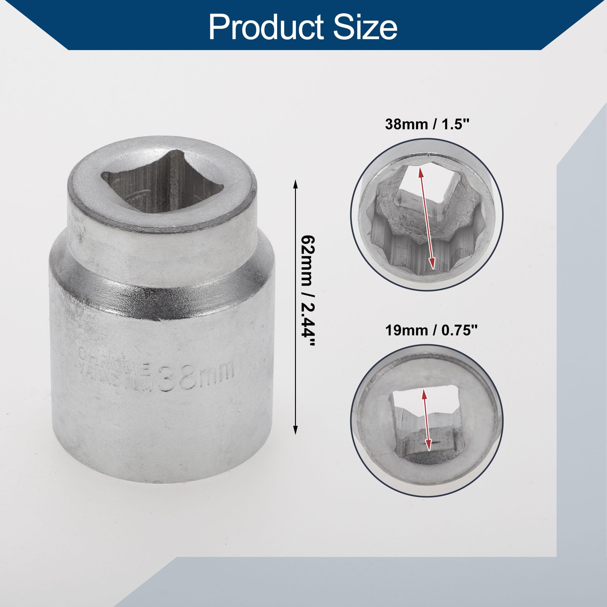 Hihaha Heavy Duty Impact Socket Hardware Tool for Car Motorcycle Dirtbike Durable High Carbon Steel 62mm Length 1 Pcs Silver Tone 6 Point 38mm 19mm Drive - Image 4
