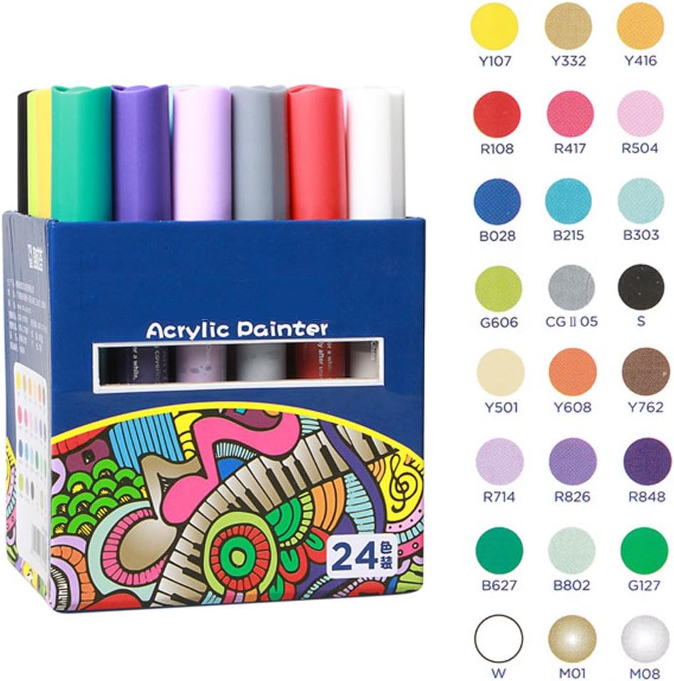 TOPmore Acrylic Paint Markers Medium Tip Acrylic Pens, Permanent Paint Pens,12/24 Assorted Colors (24Colors)