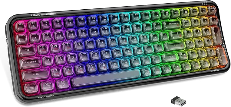 FOPETT Wireless Computer Keyboard with RGB Backlit, Tri-Mode Bluetooth 5.0/USB-C/2.4GHz Ergonomic Gaming Keyboard - Full-Size Rechargeable Transparent Keycap for Laptop/Windows/PC - Black
