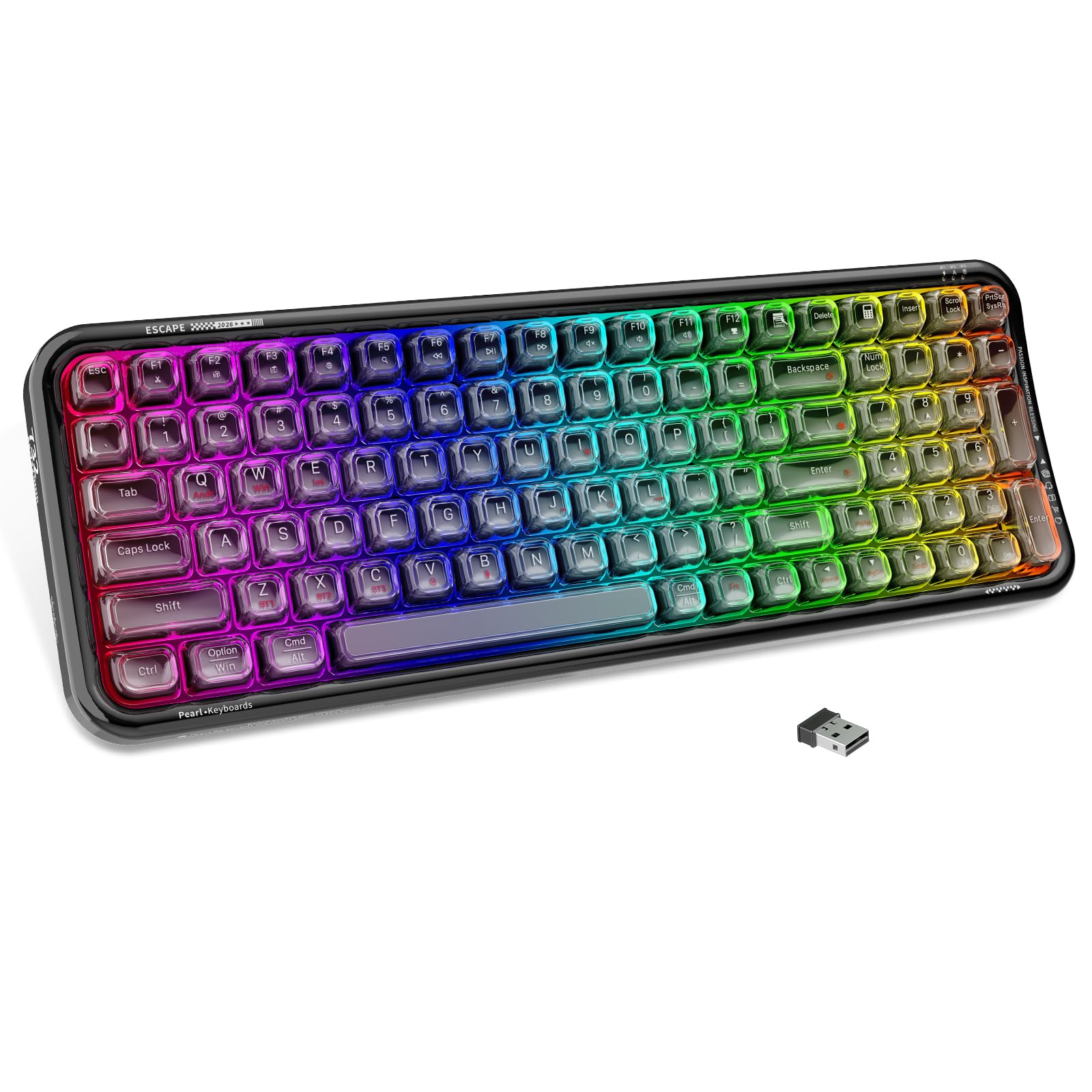 FOPETT Wireless Computer Keyboard with RGB Backlit, Tri-Mode Bluetooth 5.0/USB-C/2.4GHz Ergonomic Gaming Keyboard - Full-Size Rechargeable Transparent Keycap for Laptop/Windows/PC - Black