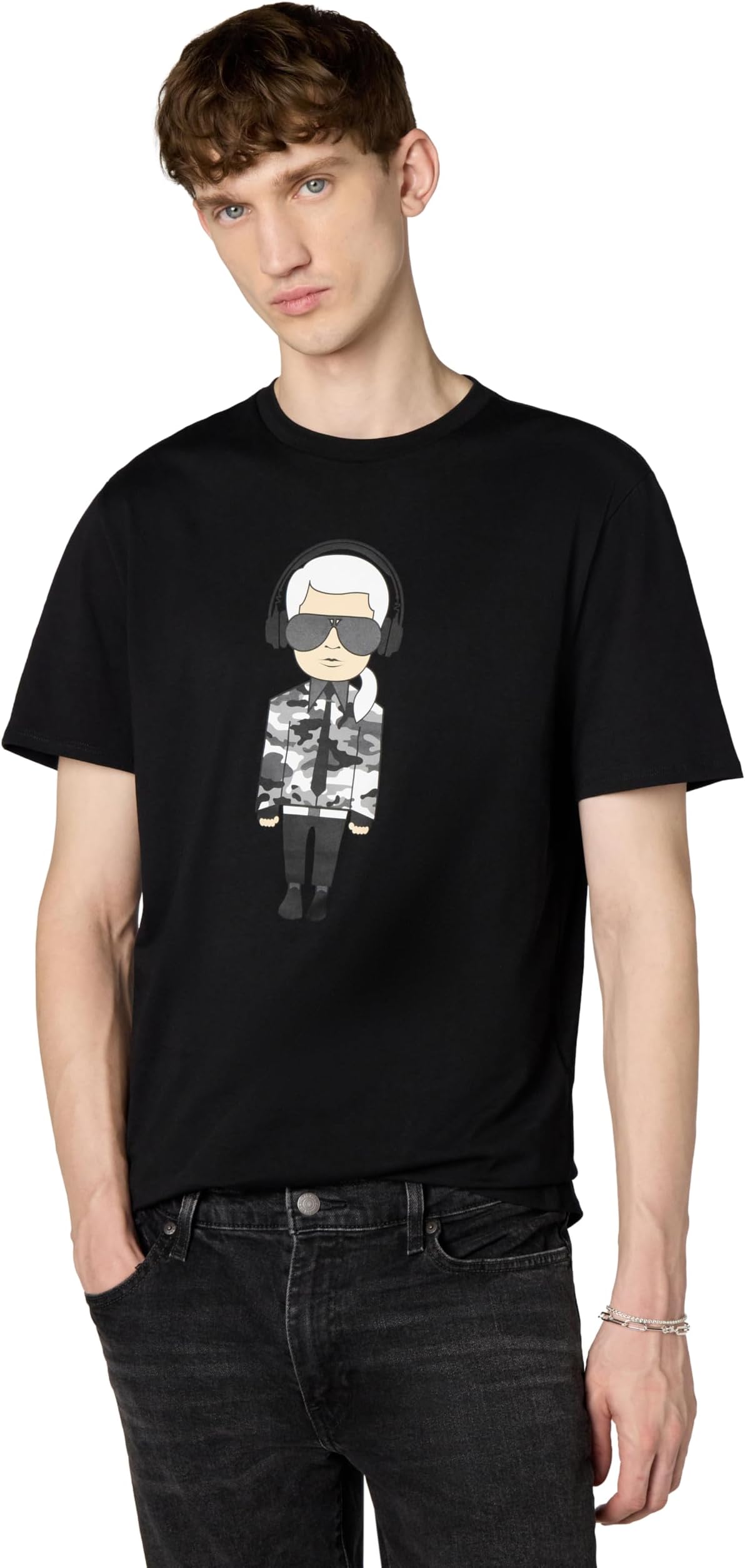 Karl Lagerfeld Men's Reflective Men’s T-Shirt, Karl Character with Headphones Short Sleeve Crew Neck Men’s Shirt