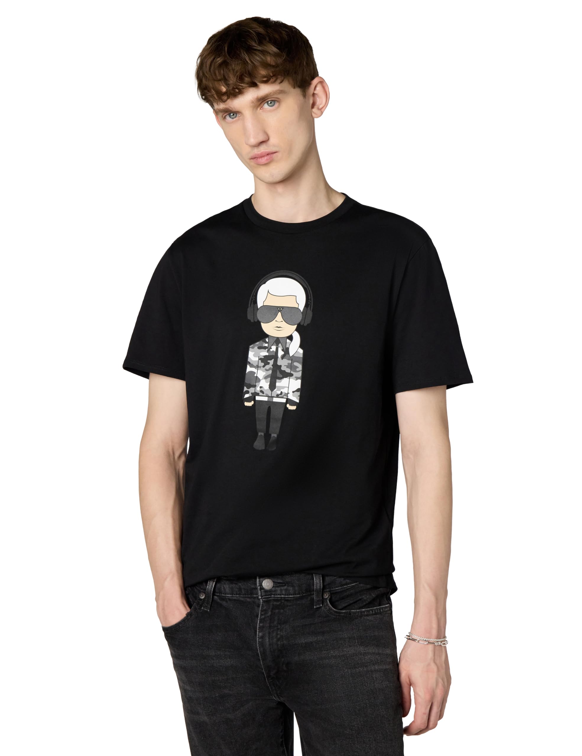 KARL LAGERFELD Men's Reflective Men’s T-Shirt, Karl Character with Headphones Short Sleeve Crew Neck Men’s Shirt T-Shirt