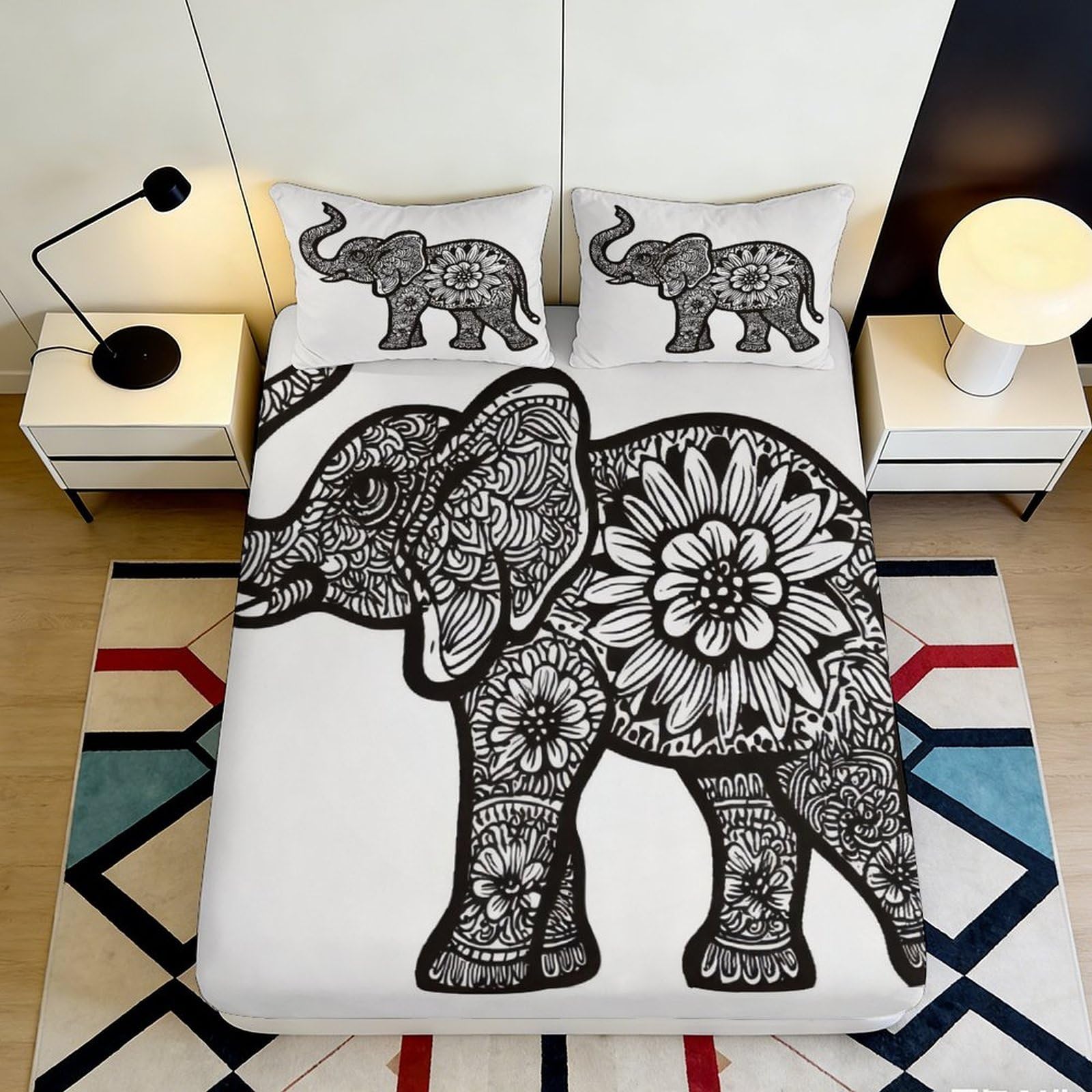 Pnayamiorkfel Style-2 3D Printed Mandala Elephant Fitted Sheet Microfiber Black White Floral Bed Cover Bedroom Guest Room Decor 90X200x25cm