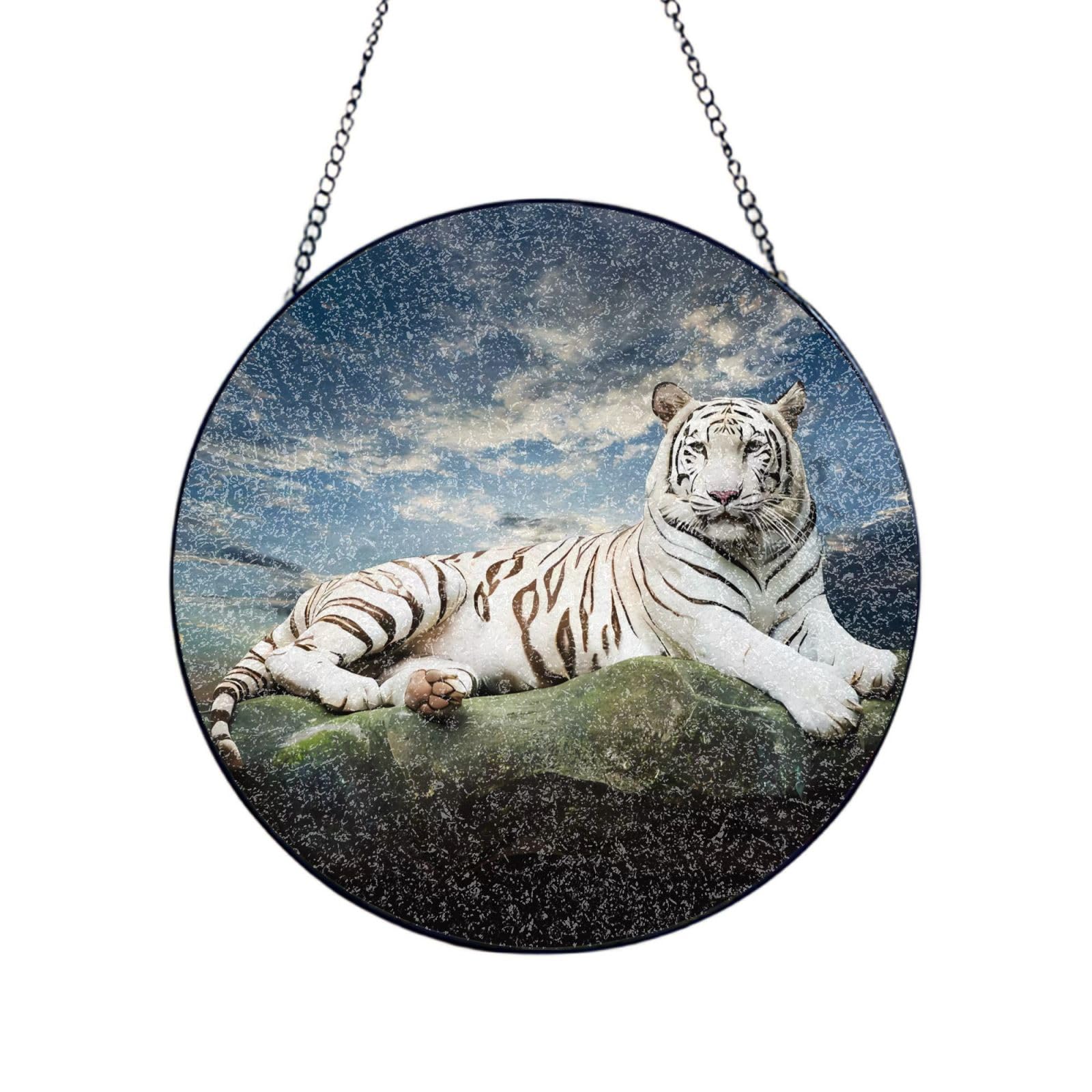 Phayah Majestic Tiger Resting On A Rock With Cloudy Sky Print Glass Window Hanging Round Suncatcher Glass Ornament Garden Wall Fence Decorations Indoor Outdoor 8in（20cm）