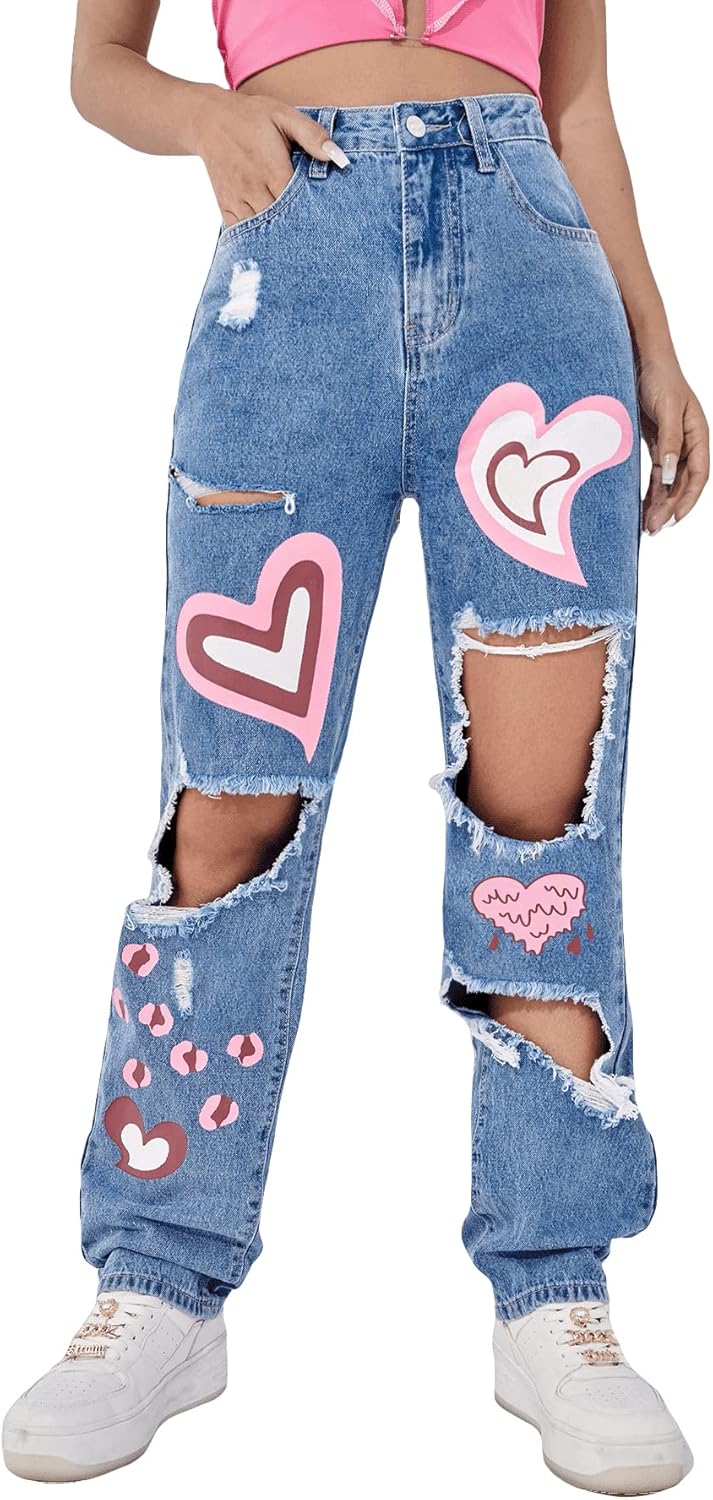 Floerns Women’s Pattern Printed High Waist Wide Leg Straight Denim Jeans Pants