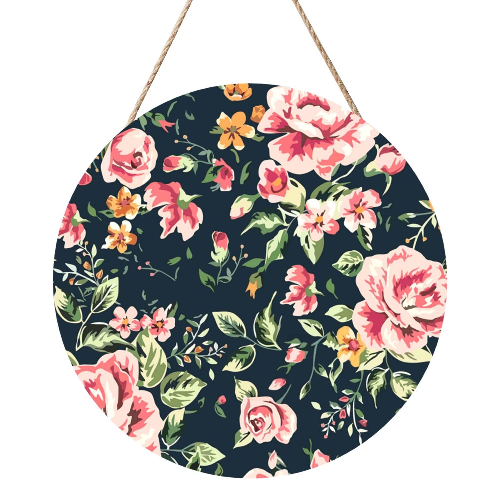 InOmak Pink Roses Peonies Green Leaves, Round Wood Panel Painting 12 in, Wall Hanging Painting For Home
