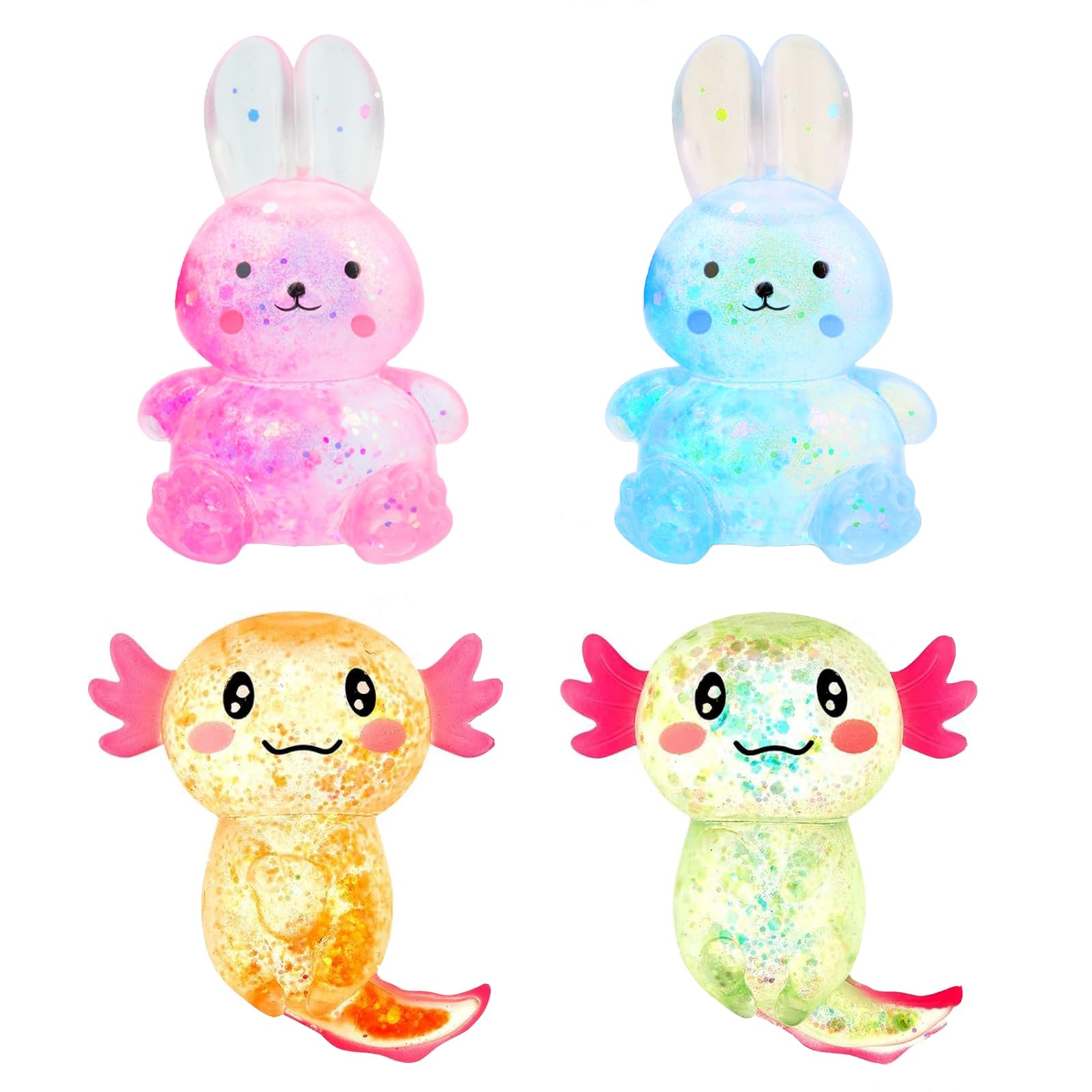 Sezua Squishy Fidget Stress Ball - 4PCS Taba Squeeze Sensory Axolotl Rabbits Toys, Axolotl Squishy Sugar Stress Ball Toys for Adults Kid, Glitter Salamander Rabbits Gift for Party Birthday Christmas
