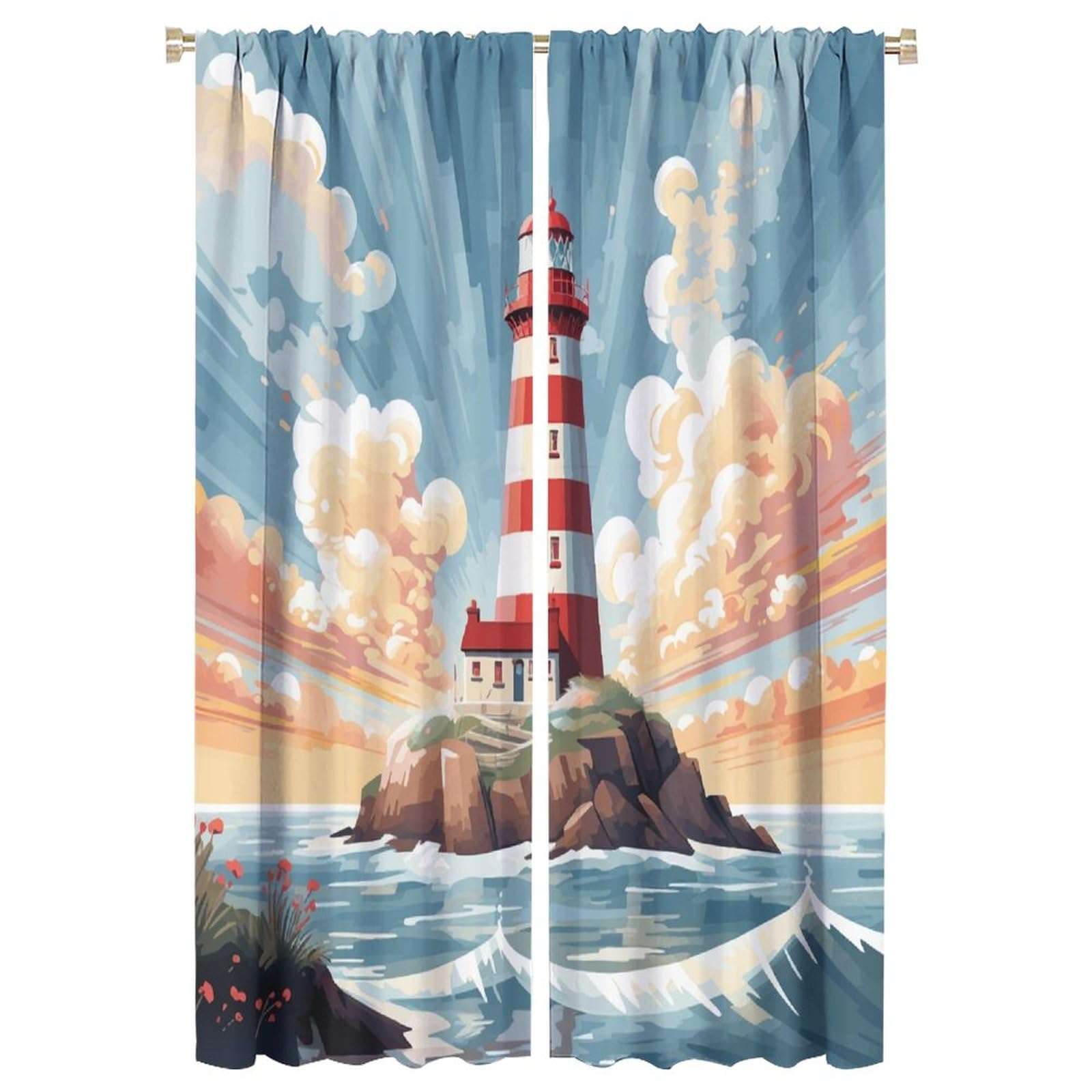 Lighthouse Curtain White Clouds Blue Sea Wave Lighthouse Blackout Print Rod Pocket Window Drapes for Bedroom Living Room 42x63in