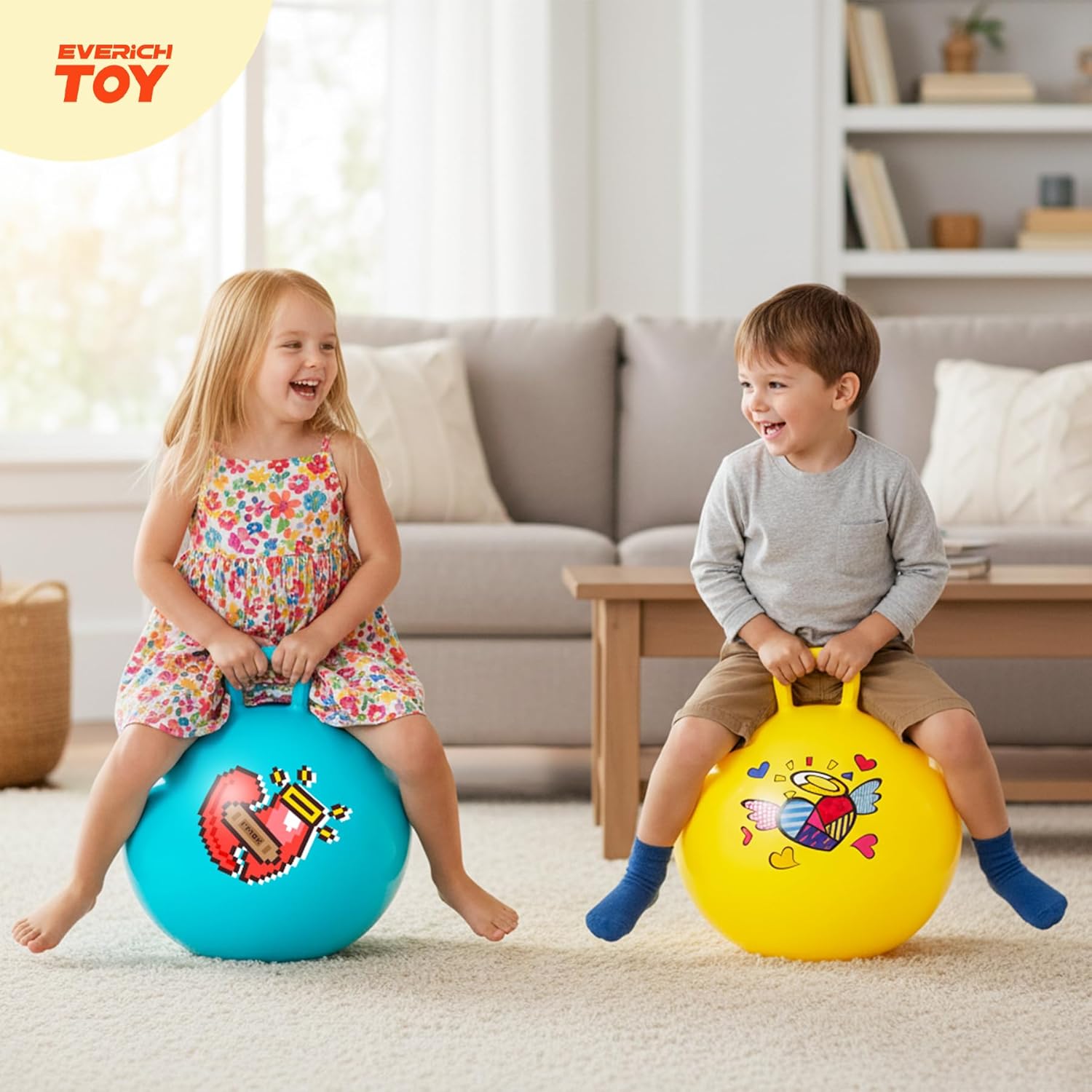 EVERICH TOY 2-Pack Hopper Ball for Kids, 18In Hippity Hop Balls, Yellow & Blue Bouncy Ball with Handle, Indoor Outdoor Active Play Toys Easter Basket Stuffers Girls Boys Gifts for 4 5 6 7 8 Yr Old