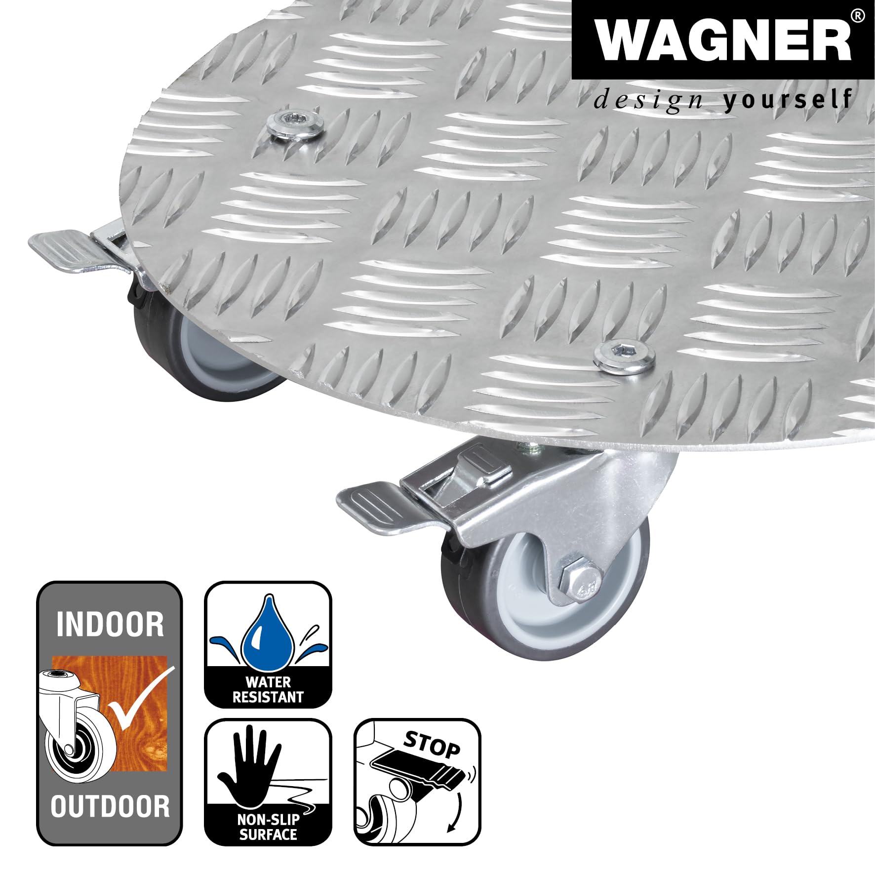 WAGNER Carrello per piante ALASKA Ø 30 x 7,5 cm I Carrello per fiori per interni ed esterni I Portavaso in alluminio con Ruote I 2 Ruote con freno I Portata 150 kg I Made in Germany - 20700501