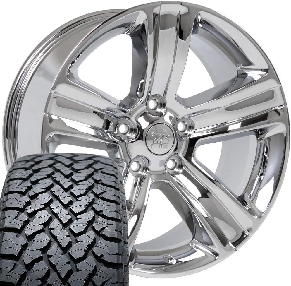 OE Wheels DG65 20 Inch Rims and Tires Fit Ram 1500 Style 5x139.7 20x9 Chrome - Hollander 2453 - TS-37 AT 275/55-20 (Set of 4)