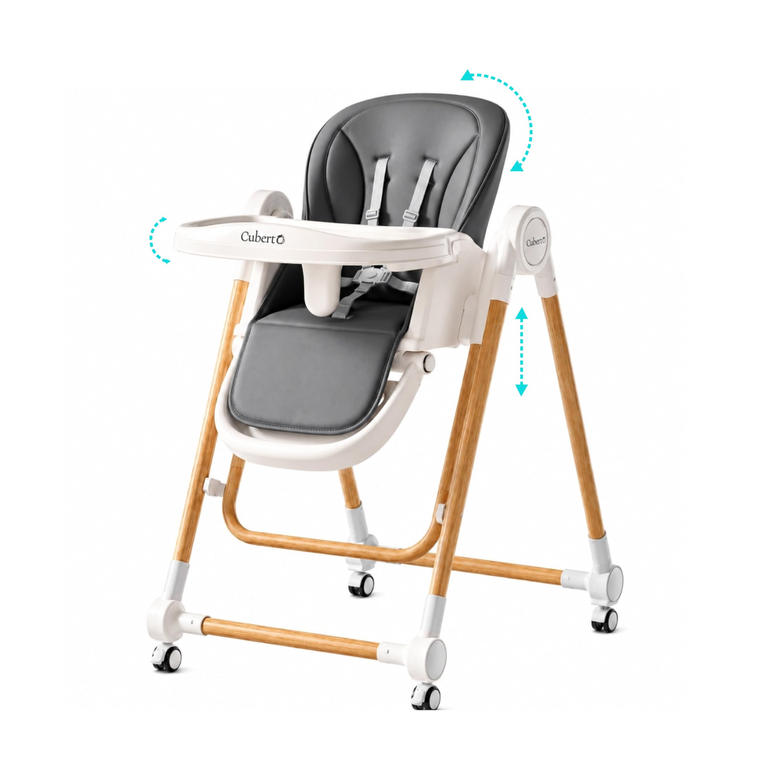 CUBERRO 3-in-1 Baby High Chair with Wheels - Adjustable Infant Highchair with Storage Basket, Removable Double Tray & 5-Point Safety Harness, Easy Clean Foldable Toddler Dining Chair Grey