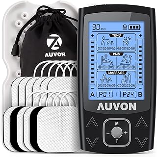 AUVON Dual Channel TENS EMS Unit 24 Modes Muscle Stimulator for Pain Relief, Rechargeable TENS Machine Massager with 12 Pads, ABS Pads Holder, USB Cable and Dust-Proof Storage Bag
