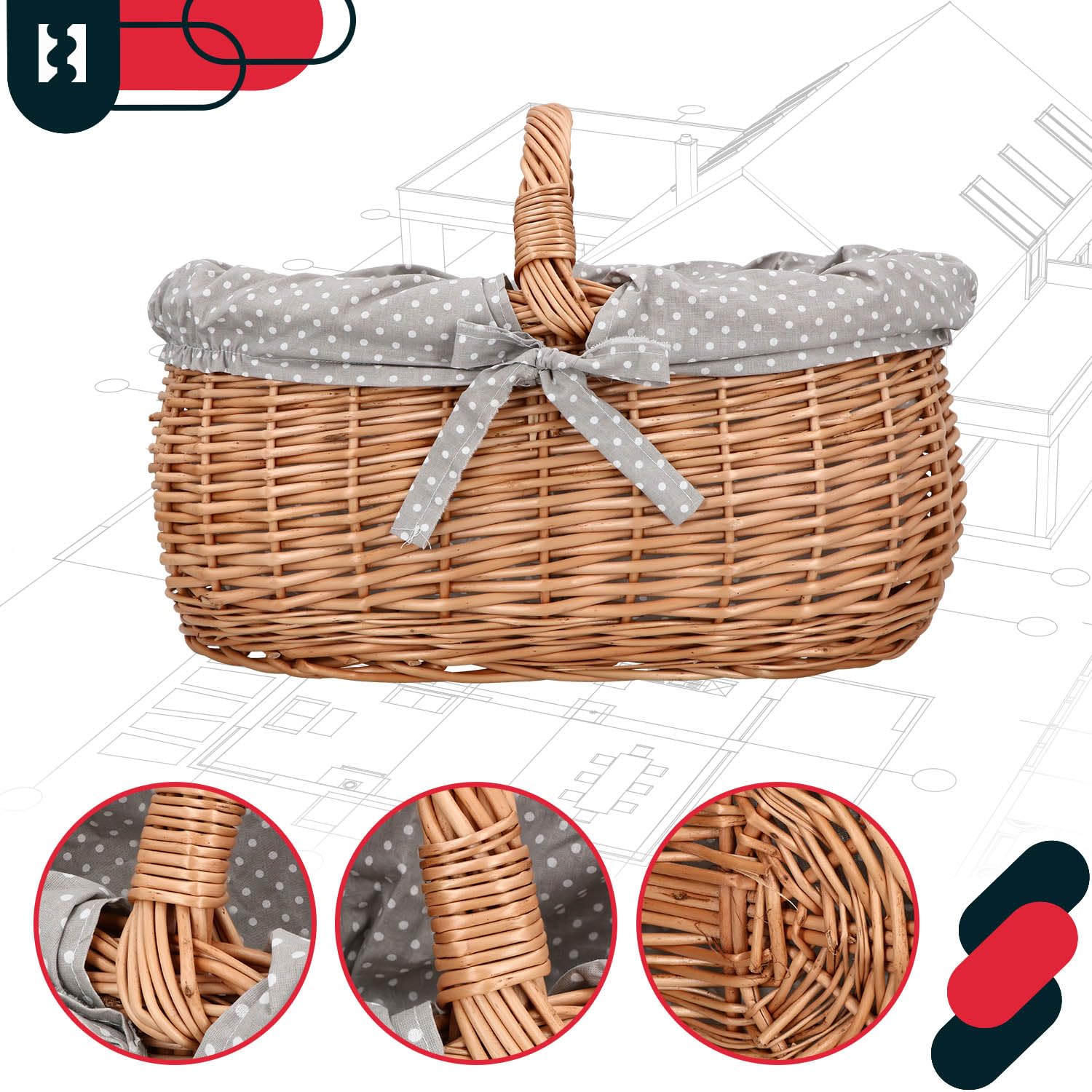 KOTARBAU® Cesto Vimini - con Manico - Cesto Funghi - 47 x 31 x 32 cm - Grigio Naturale - Cestino con Stoffa Interna - Naturale - Grande Capacità - Leggero