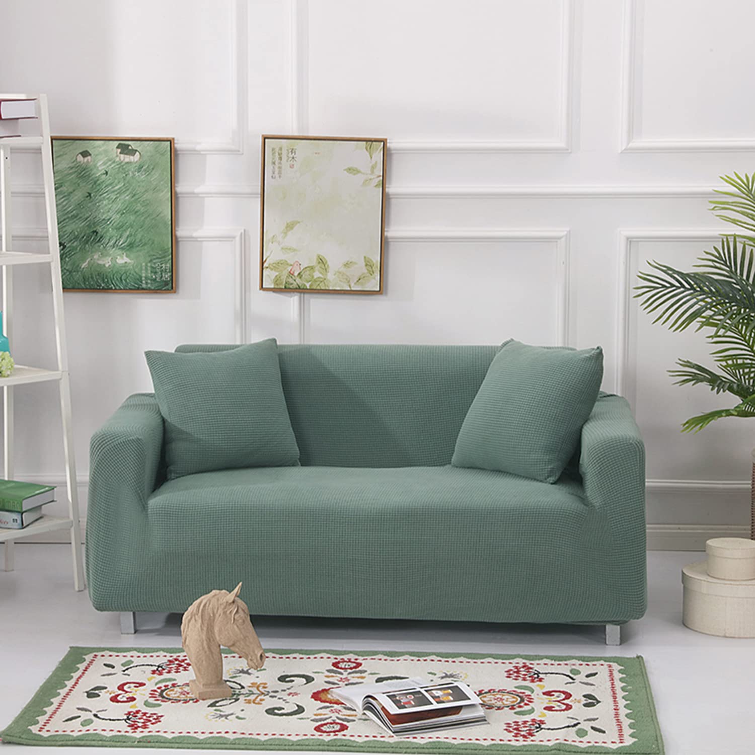 ThinsGo High Stretch Sofa Cover, Anti-Slip Sofa Cover for 1/2/3/4 seats, Spandex Jacquard Fabric Small Checks Washable Furniture Protector Cover for Living Room, Kids, Pets (Light Green,4 SEATS)