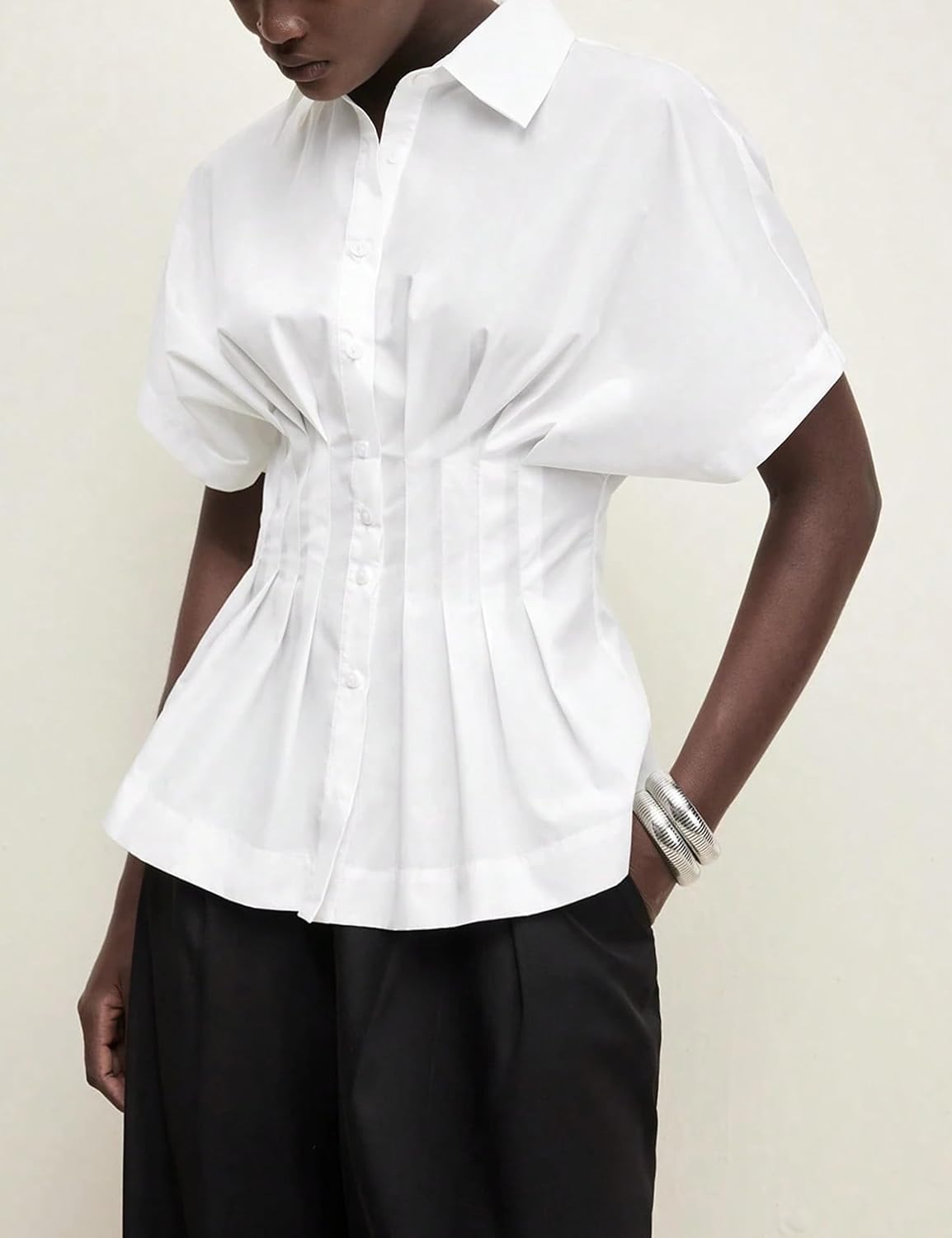 Women Striped Button Pleated Shirts Short Sleeve Summer Casual Peplum Blouse - Image 2