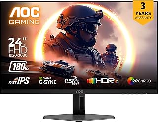 AOC 24G4E Gaming Monitor 24 inch FHD Fast IPS Gaming Monitor, 180Hz Refresh Rate, 126% sRGB, HDR10, 0.5ms, Free Sync, HDMI and Display Ports Connectivity, 178° Ultra-Wide Viewing Angle (Black)