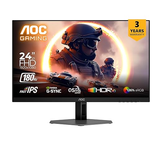 AOC 24G4E Gaming Monitor 24 inch FHD Fast IPS Gaming Monitor, 180Hz Refresh Rate, 126% sRGB, HDR10, 0.5ms, Free Sync, HDMI and Display Ports Connectivity, 178° Ultra-Wide Viewing Angle (Black)