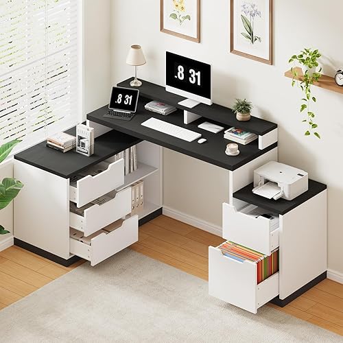 Vista 9 de Escritorio ejecutivo en forma de L con cajones de archivos y gabinete de almacenamiento, escritorio de esquina para computadora con tomas