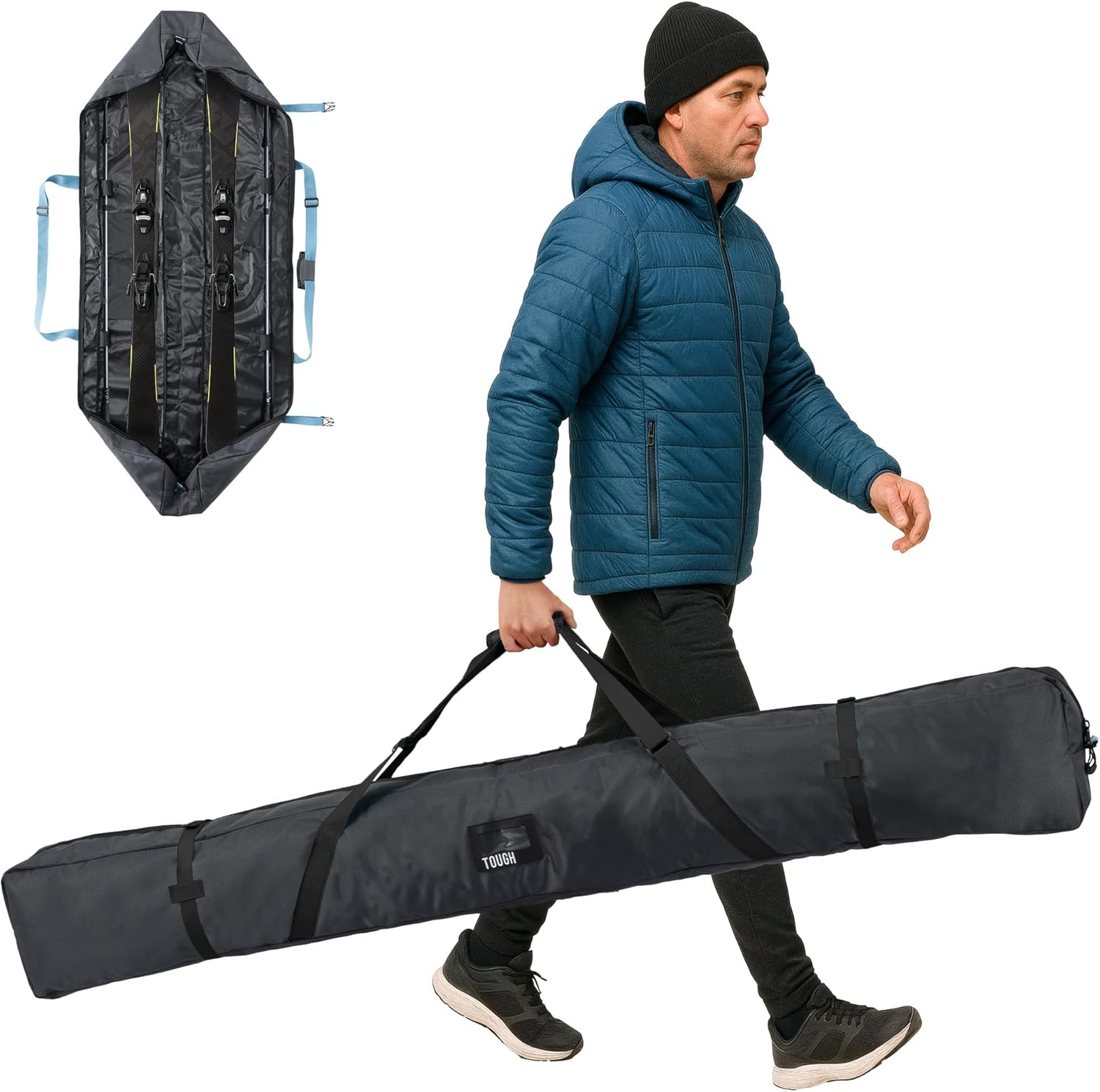 Tough Outfitters 170cm/190cm Ski Bag for Men and Women - Ski Bag for 1 Pair of Skis and Poles with Zipper, 2 Straps with Buckles and Carrying Handle