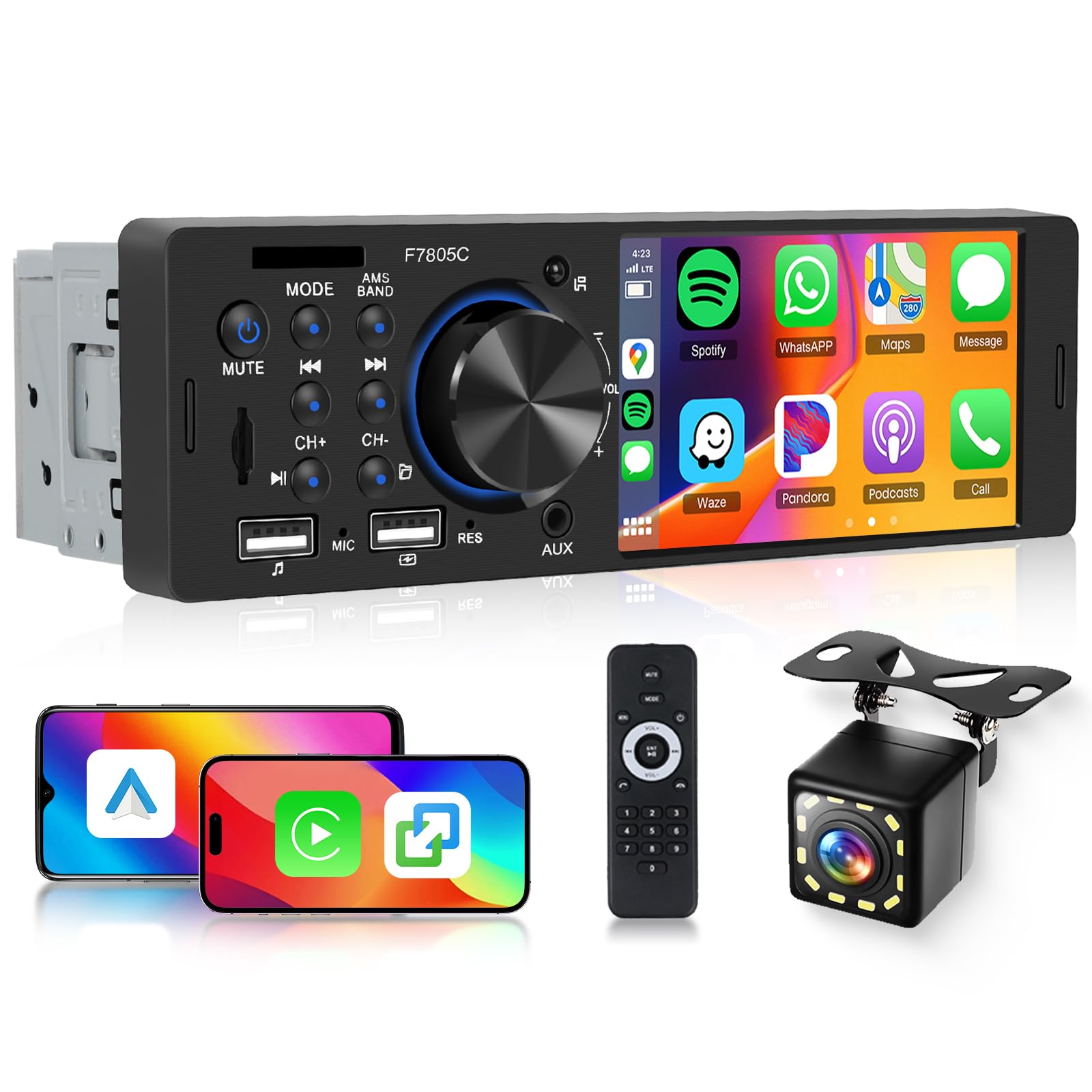 Hodozzy 1 Din Autoradio mit 4 Zoll Bildschirm mit Carplay Android Auto,Unterstützt Bluetooth 5.2, FM-Radio, Schnellladung, USB/TF/AUX Mirror link EQ SWC, Rückfahrkamera