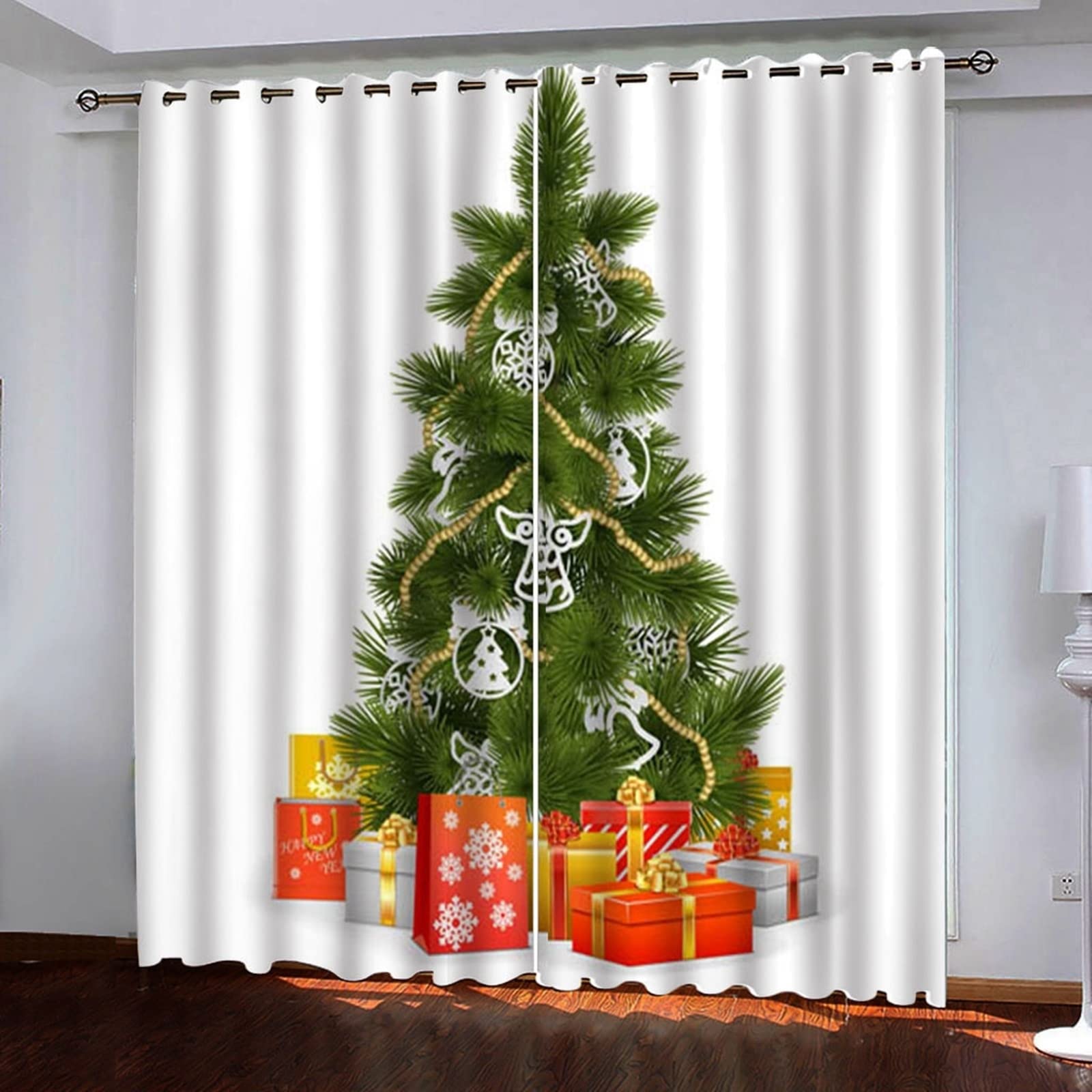 AmDxD Cortinas Habitacion Juvenil Blanco Verde Rojo, Cortinas Habitacion Juvenil Niña Poliéster Árbol De Navidad Y Regalos 214x244cm