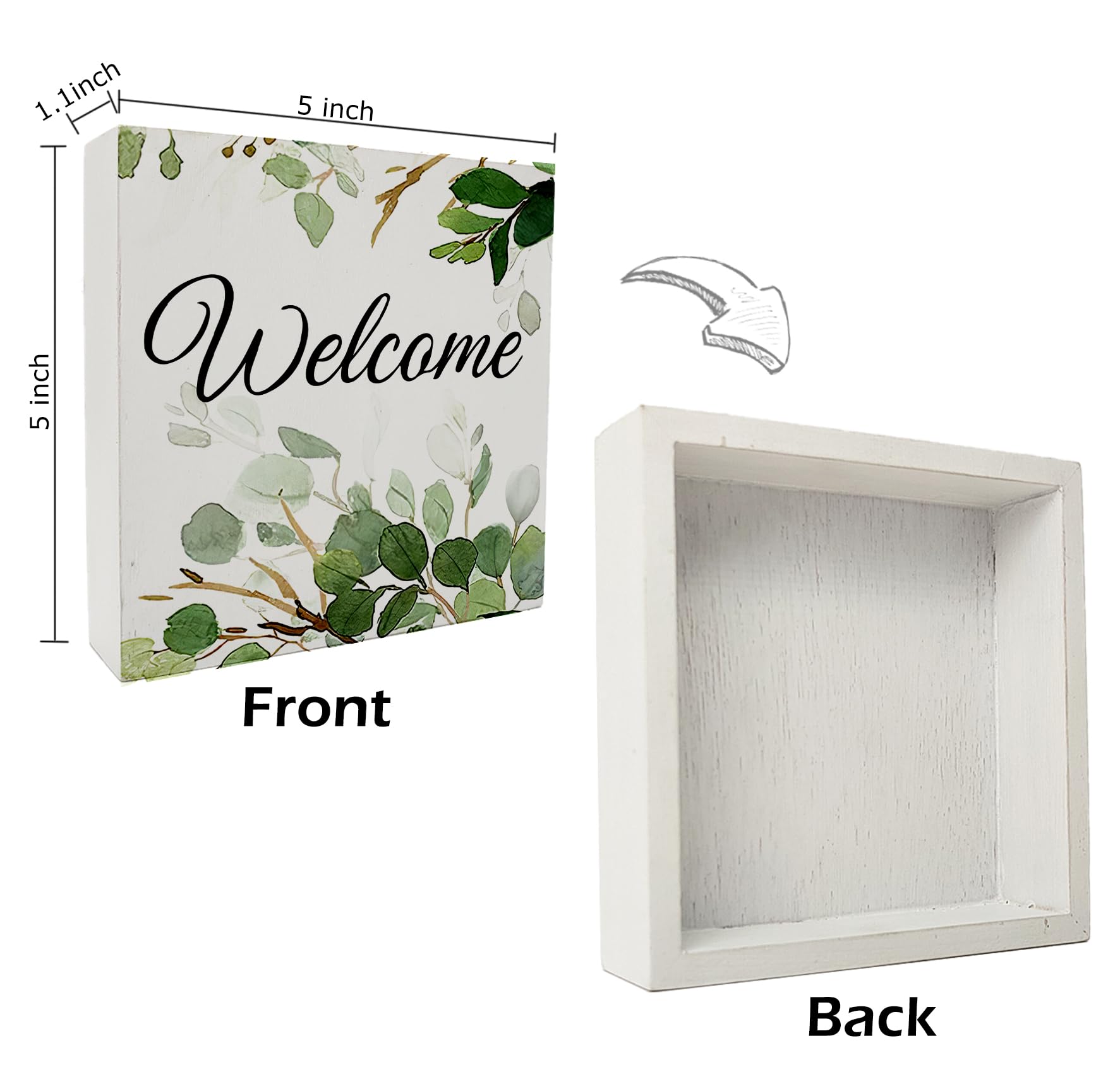 SRADMO Eucalyptus Leaves Wood Box Sign - Rustic Desk Decor, 5x5 Inch, White Finish