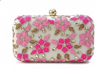DUCHESS Pink Floral Embroidered Box Clutch Purse for Women – Elegant Wedding & Evening Handbag with Detachable Gold Chain ... Price In India