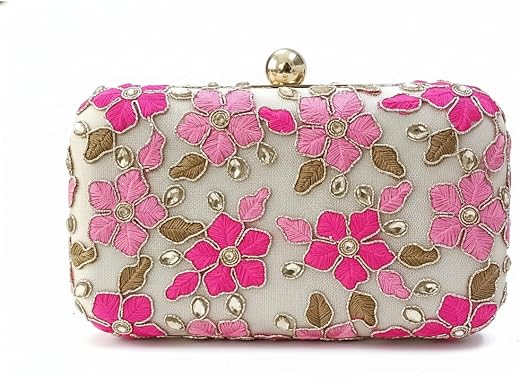 DUCHESS Pink Floral Embroidered Box Clutch Purse for Women – Elegant Wedding & Evening Handbag with Detachable Gold Chain ...