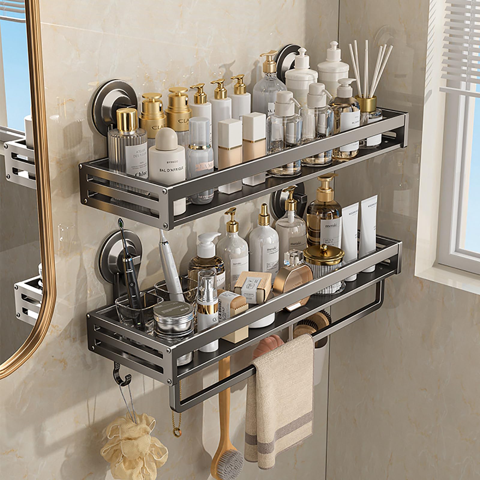 Shower Caddy Suction Cup - 2 Shelf Shower Organizer with Towel Bar Hooks Removable Wall Mounted Bathroom Shelf