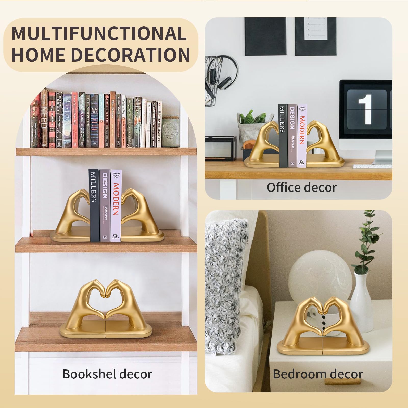 Gold Gesten dekorative Buchstützen - Herz Hände Skulptur Buchstütze, kreativer Buchstopper und Halter für Bücher - Perfekt für Wohnzimmer, Heimdekoration und Büroregal-Teiler