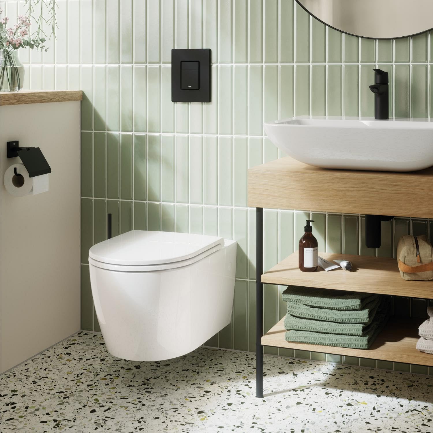 GROHE Lote Start Cube QuickFix - Portarrollos de Papel higiénico con Tapa + A1 QuickGlue (Metal, Montaje en Pared, fijación Oculta, Incluye Tornillos y Tacos), tamaño 111 mm, Negro Mate, 411022430