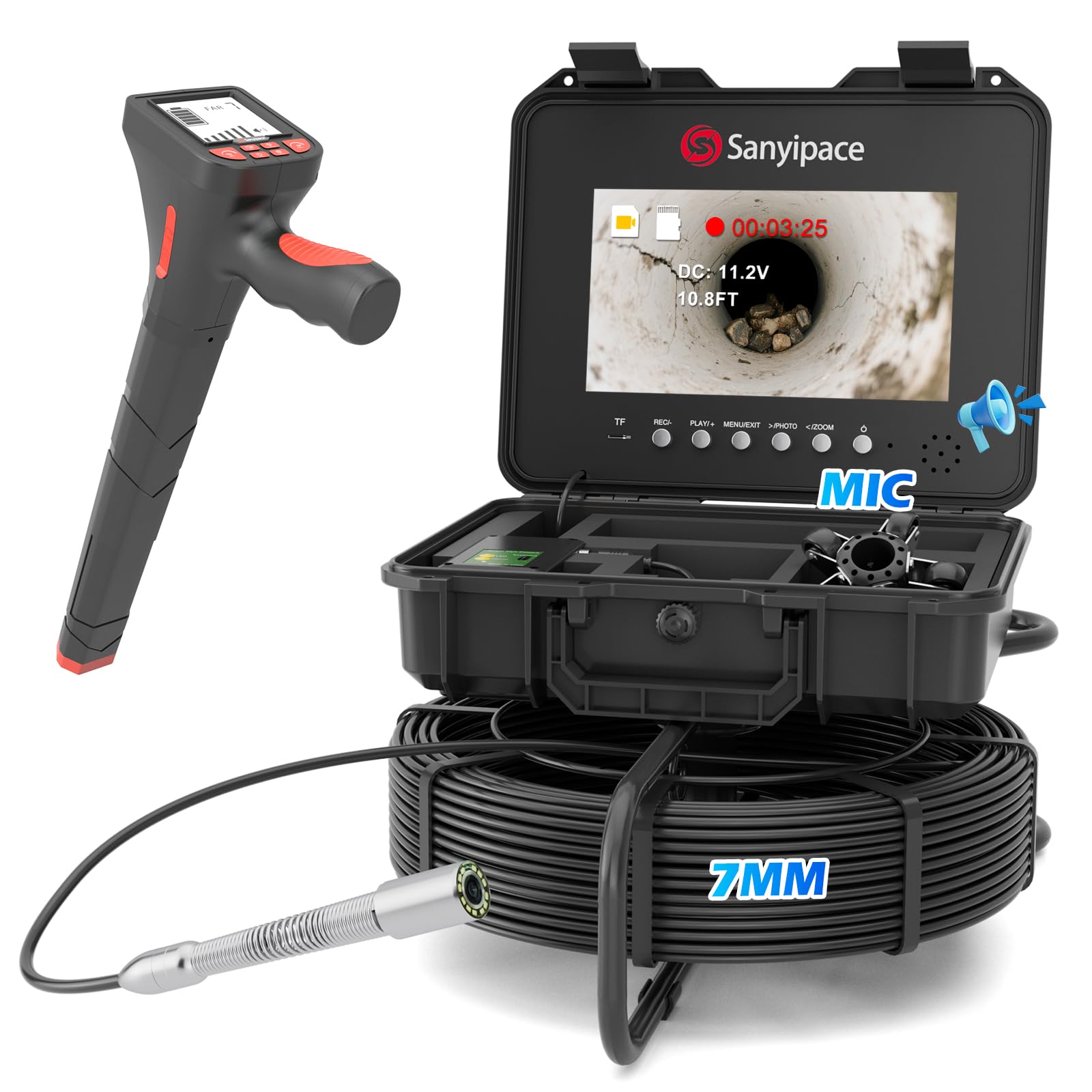 Sanyipace Sewer Camera 230FT/70M with Locator, Self-Leveling Drain Camera with 10.1" Screen, Pipe Inspection Camera 512Hz, DVR with Speaker, Distance