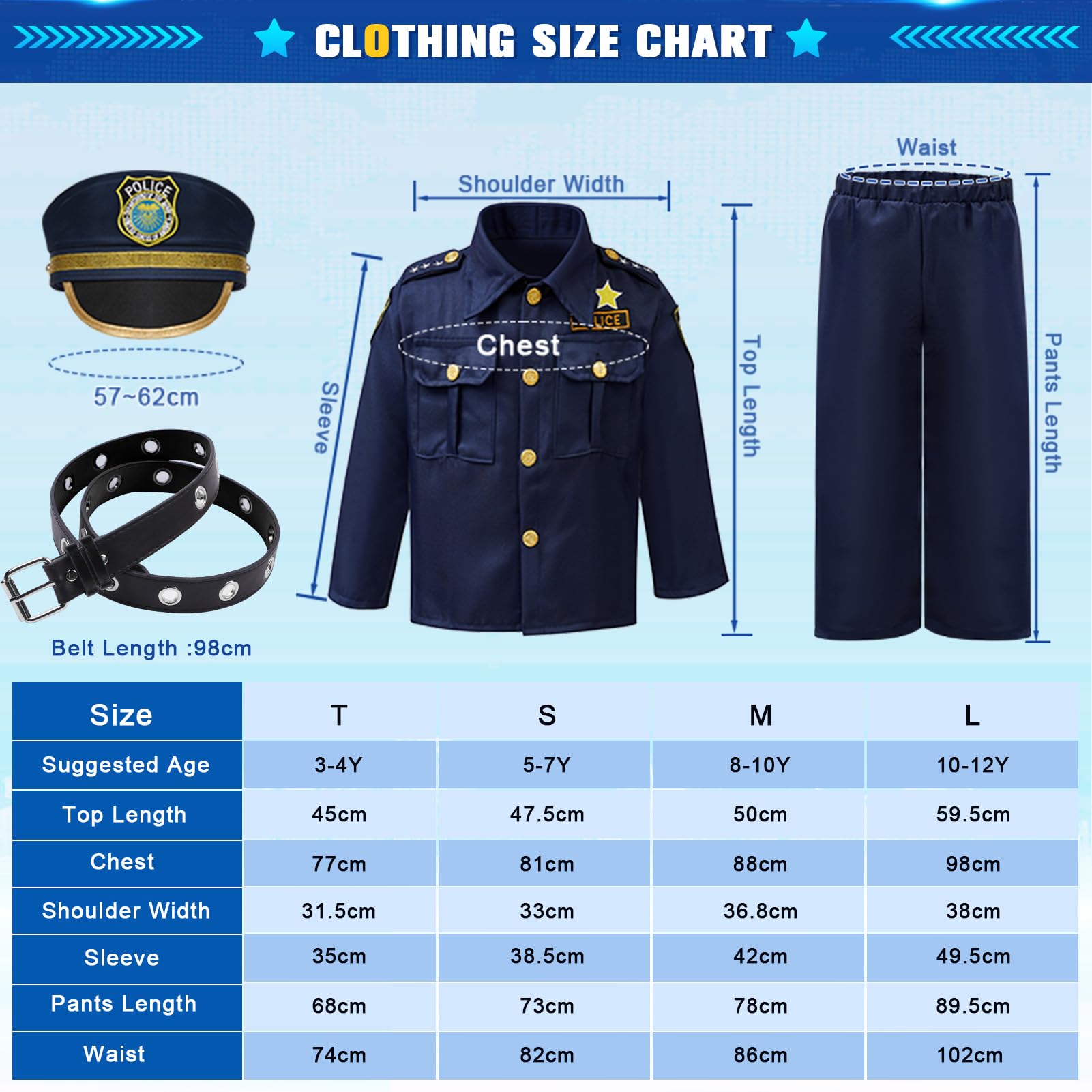 Costume Poliziotto Bambino Vestito Polizia con Cappello Registratore Occhiali da Sole Walkie Talkie Manette Giocattolo Polizia Accessori Costume Halloween Carnevale per Bambini