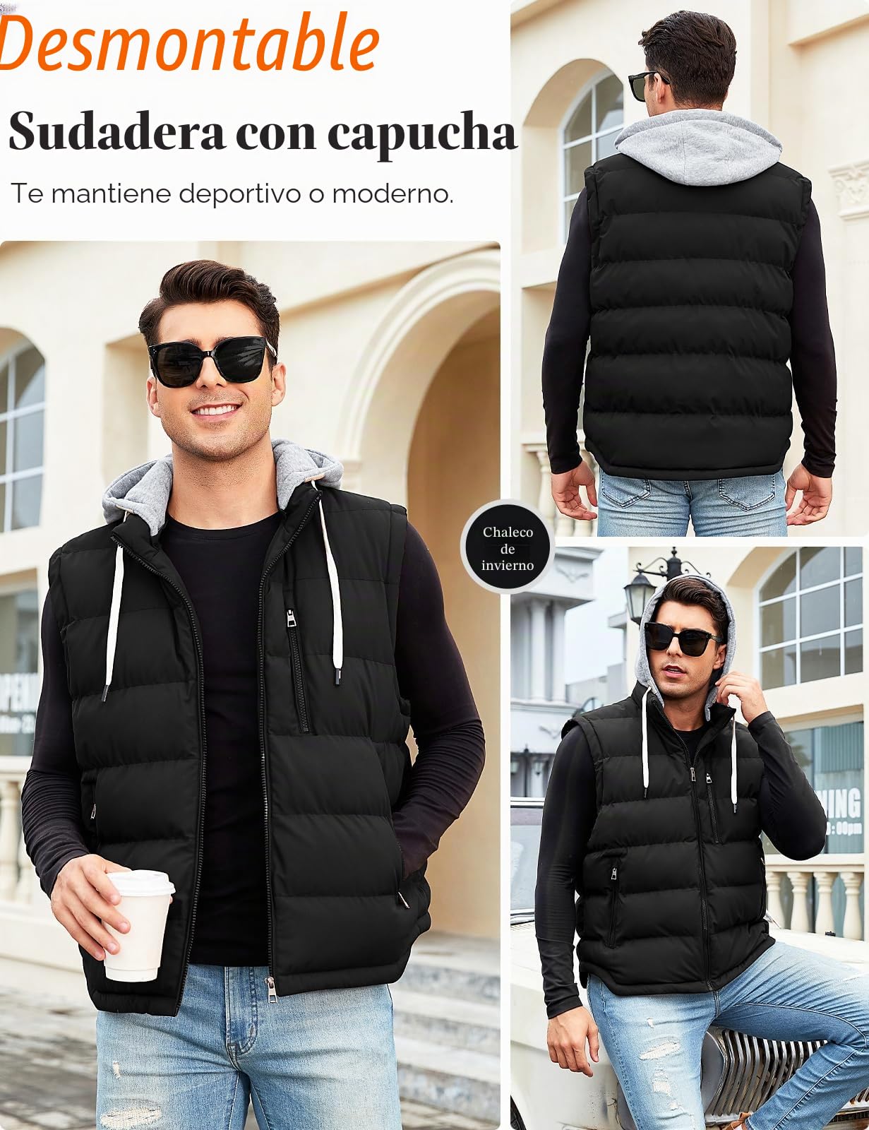 Vancavoo Chaleco Hombre Invierno Acolchado con Capucha Desmontable