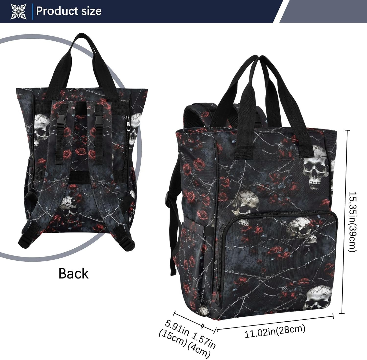 Dark Rose Skull Diaper Bag Backpack for Mom Dad with Insulated Feeding Bottle Insert Large Baby Changing Bag with Stroller Straps 11.02×5.91×15.3 IN