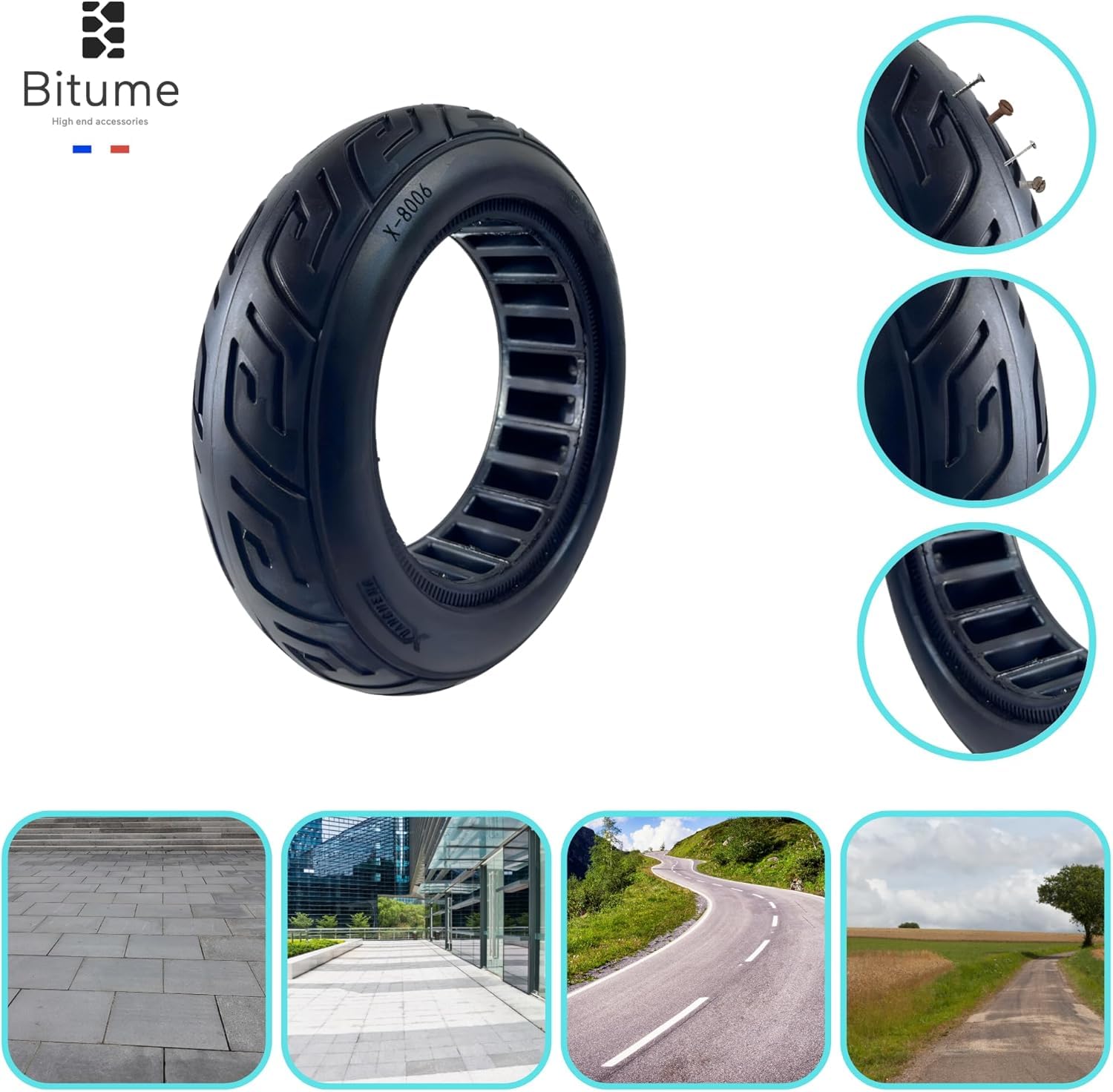 BITUME | Pneu Plein 10x2.75-6.5 (55mm intérieur) pour Trottinette Électrique | Compatible Urbanglide Ecross/Pro, SmartGyro Crossover/Rockway, Speedway| Increvable | Roue Avant et Arrière