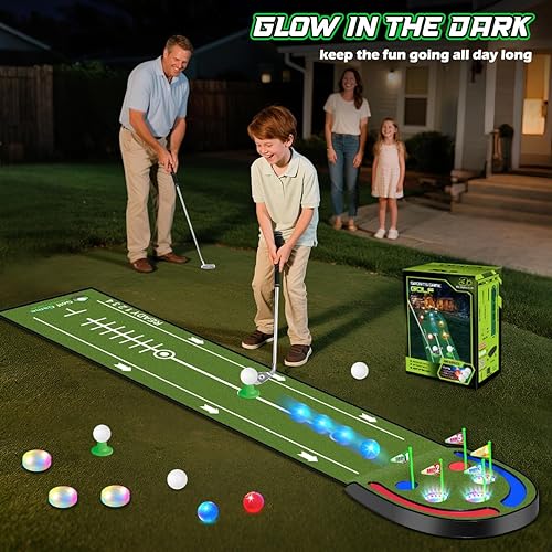 Miniatura 3 de Alfombra de Golf Mejorada para Niños, Verde de Golf de 2.37 m con Agujeros LED Iluminados, Bolas Luminosas, 2 Palos, Juego de Golf de Juguete,