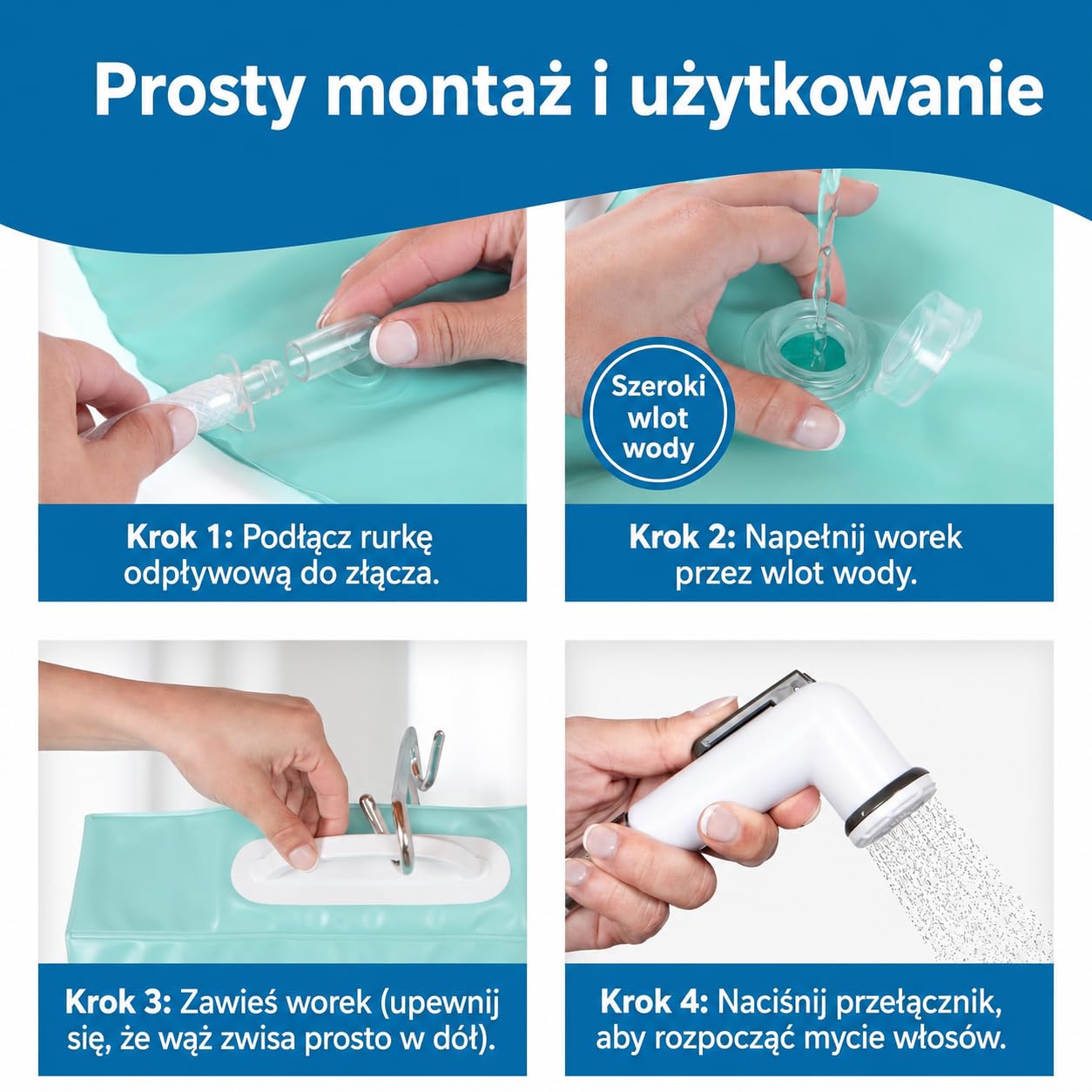 Przenośna stacja mycia włosów 2,5 gal z workiem i miską do łóżka, Niebieski | Lekka i kompaktowa konstrukcja do domu i podróży, łatwa do przenoszenia, rozkładania oraz wygodnego przechowywania po użyciu.