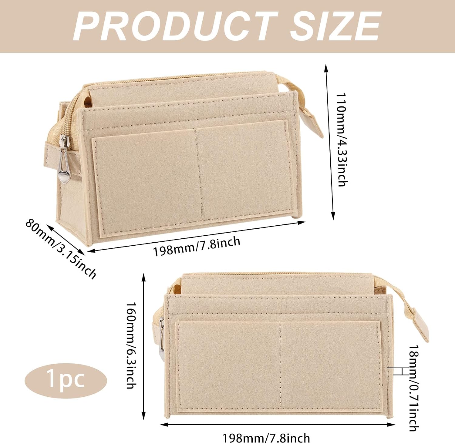 Felt Organizer Insert Handbag Small Handbag Purse Organizer Tote with Zipper for Women Item Storage White, 7.79×3.15×4.33 inch