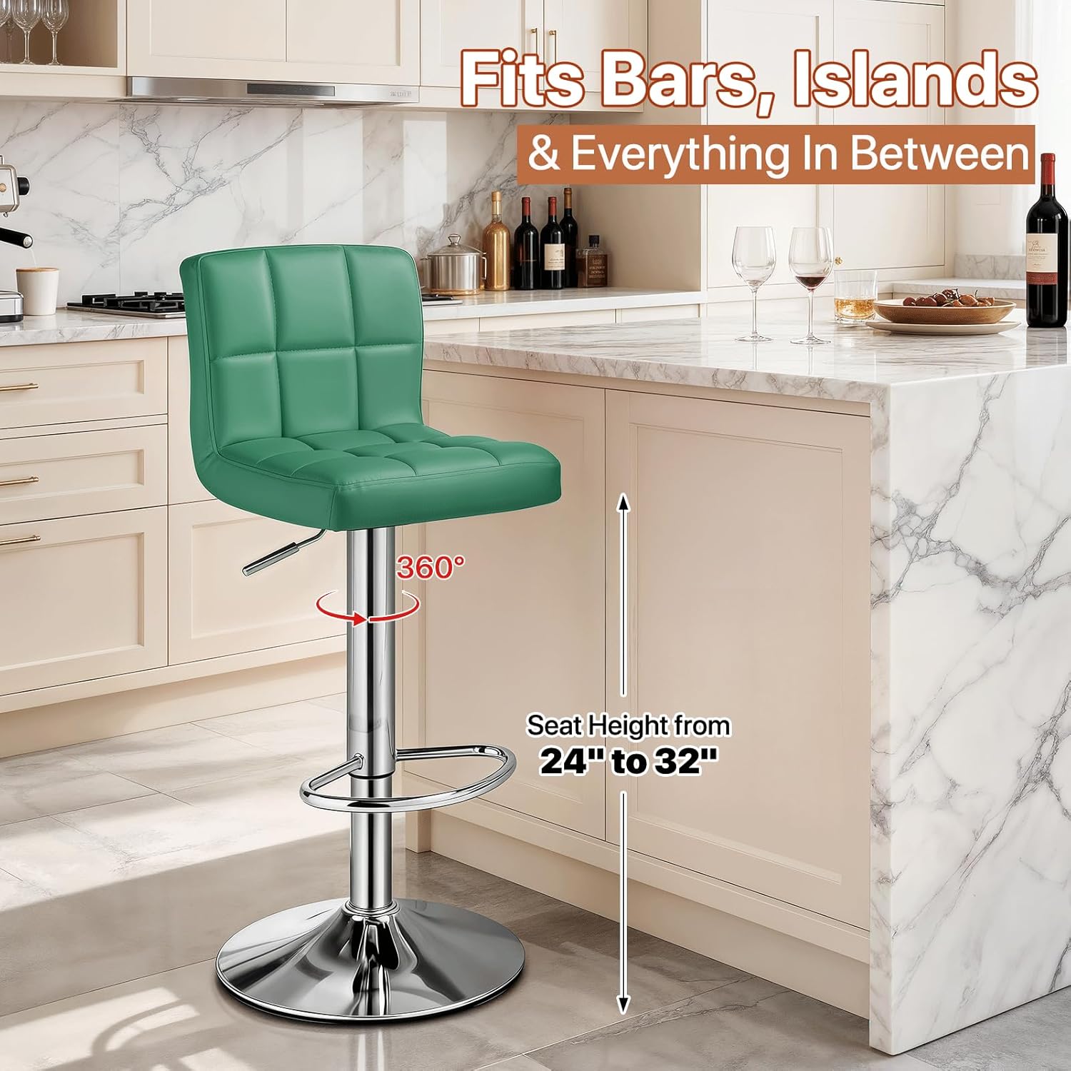 Magshion Bar Stools Set of 2, PU Leather Counter Height Barstools Armless Adjustable Swivel Bar Chairs with High Back for Kitchen, Teal Green