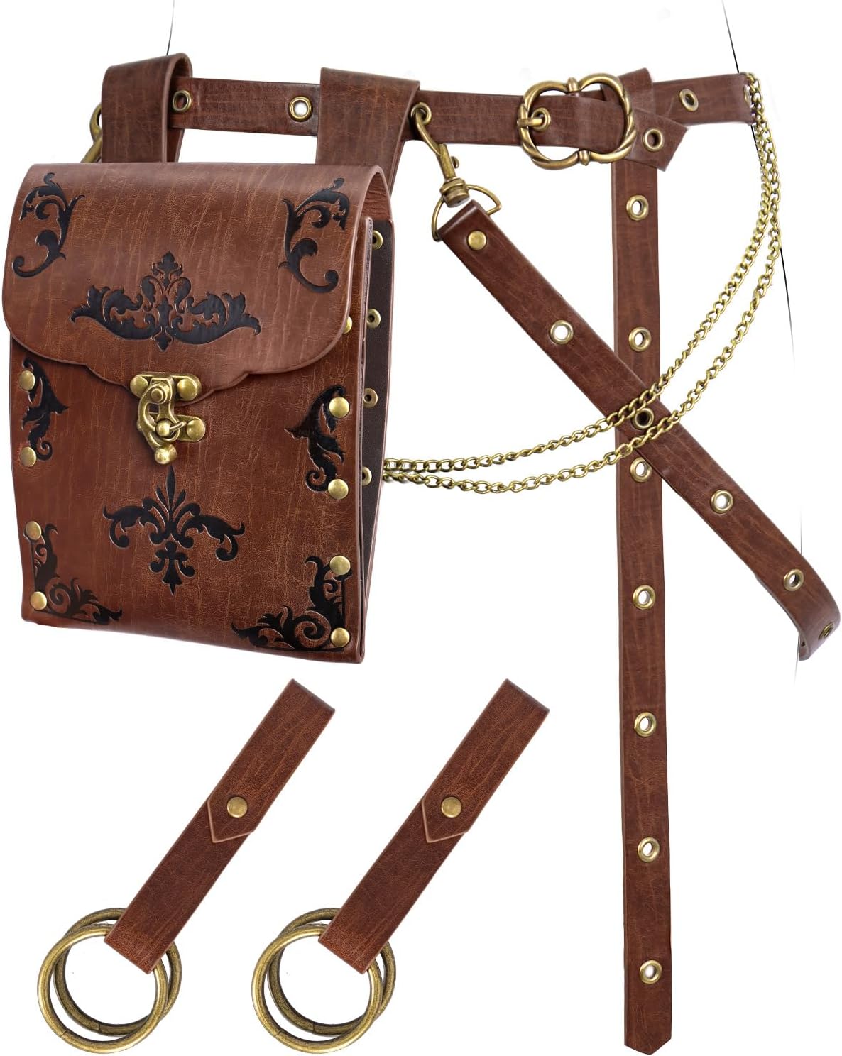 Renaissance Pirate Chain Belt Pouch Set - Medieval Costume Accessories Skirt Hike Faux Leather Waist Bag for Cosplay
